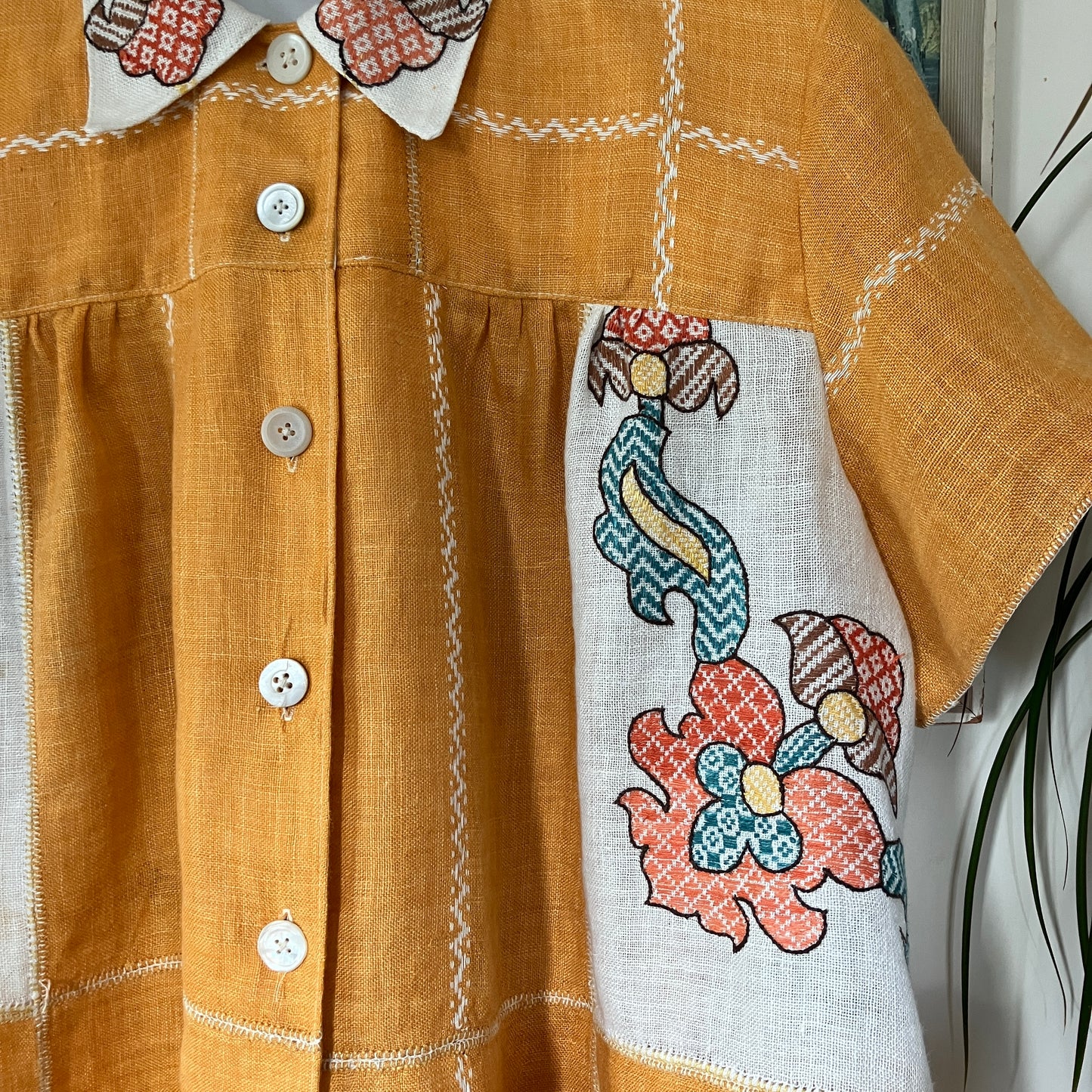 recycled linen tablecloth shirt in golden yellow with colourful embroidery