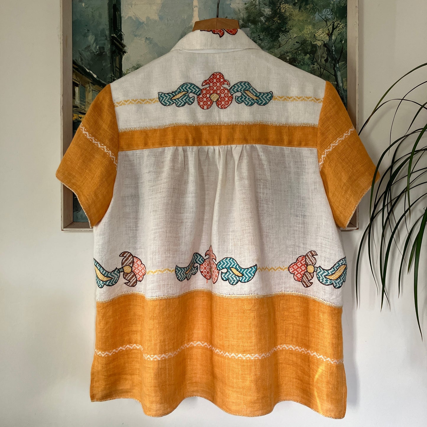 recycled linen tablecloth shirt in golden yellow with colourful embroidery