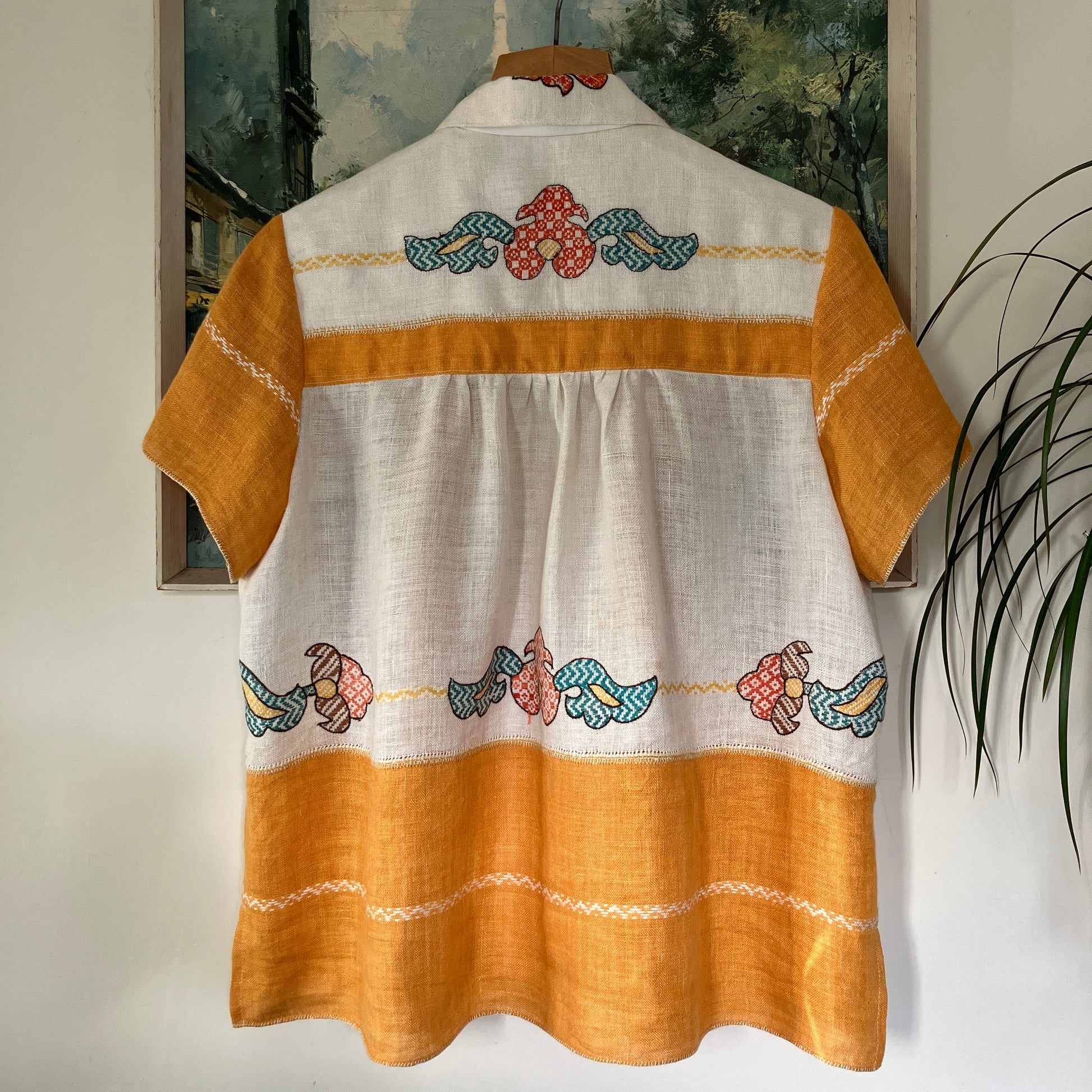 recycled linen tablecloth shirt in golden yellow with colourful embroidery