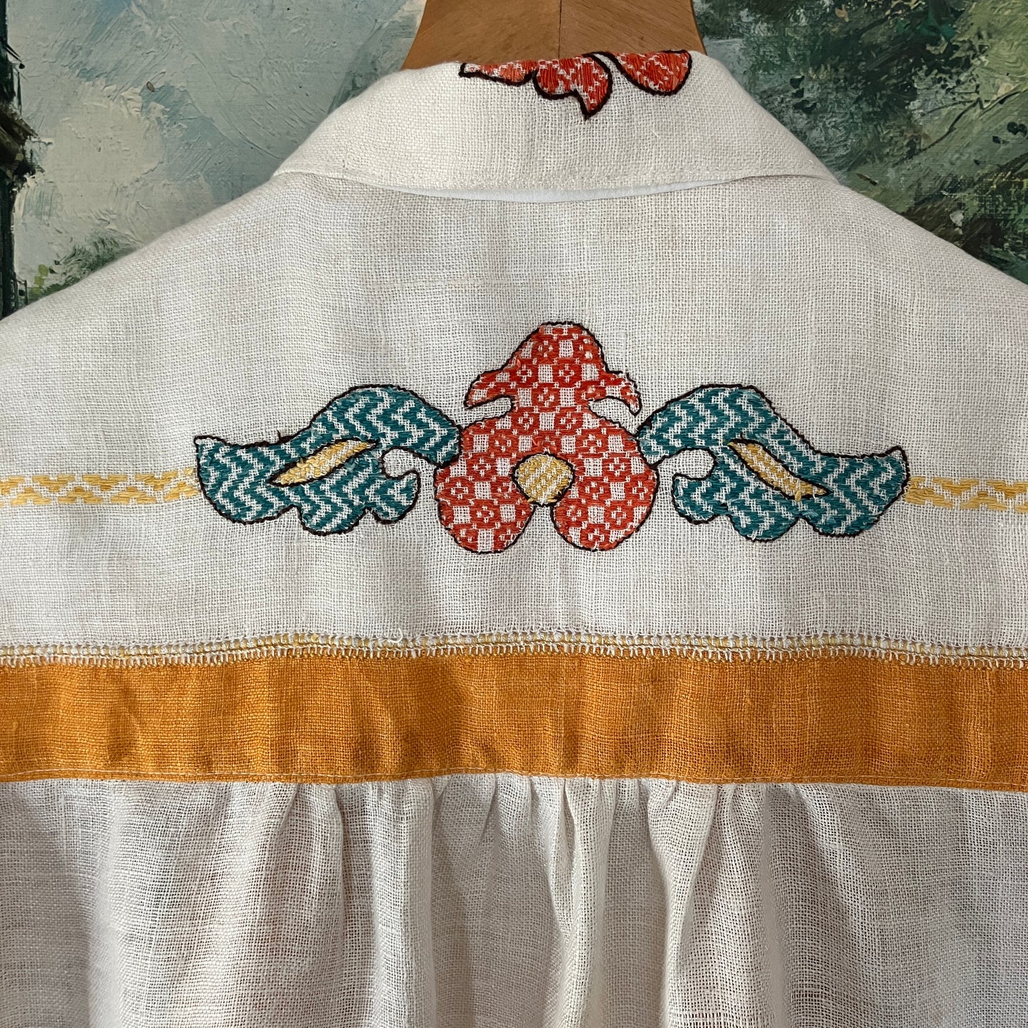 recycled linen tablecloth shirt in golden yellow with colourful embroidery