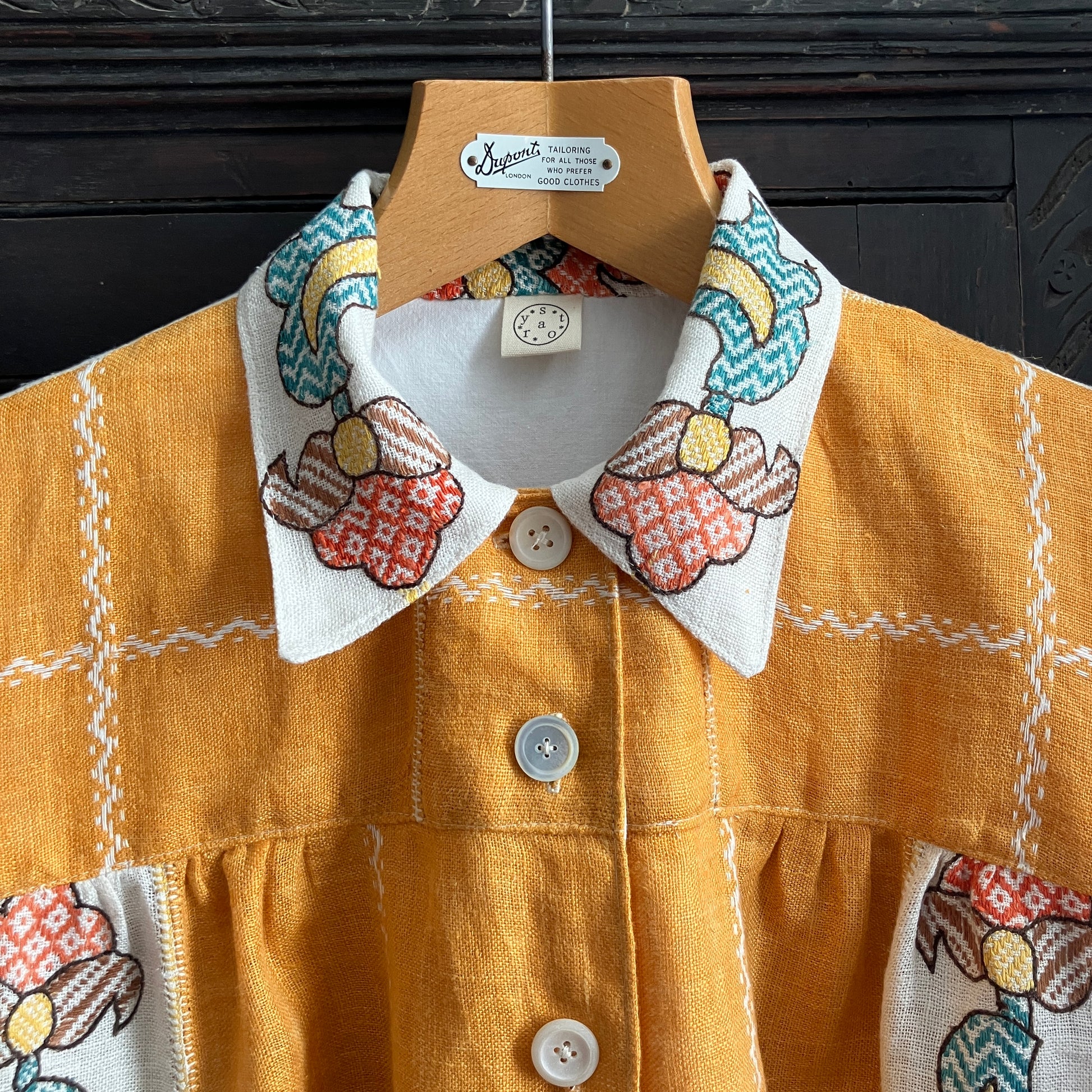 recycled linen tablecloth shirt in golden yellow with colourful embroidery