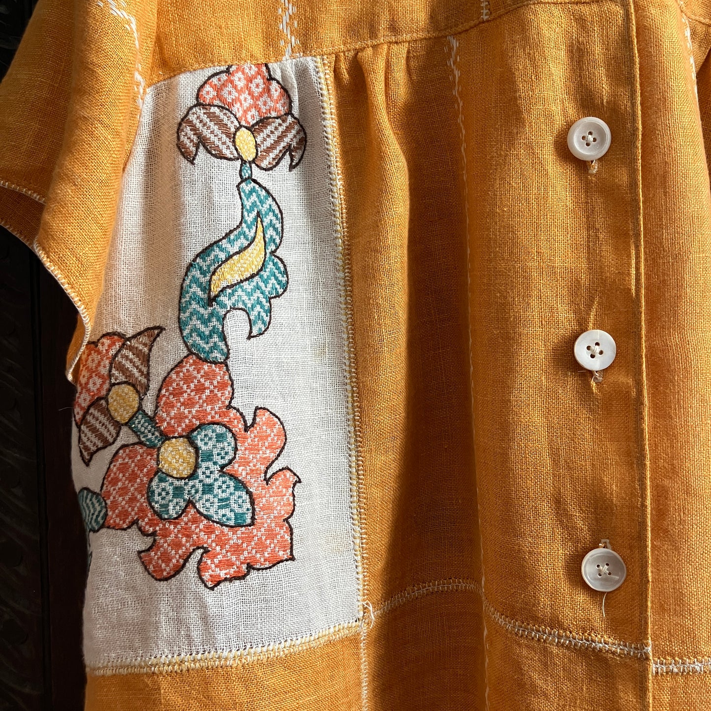 recycled linen tablecloth shirt in golden yellow with colourful embroidery