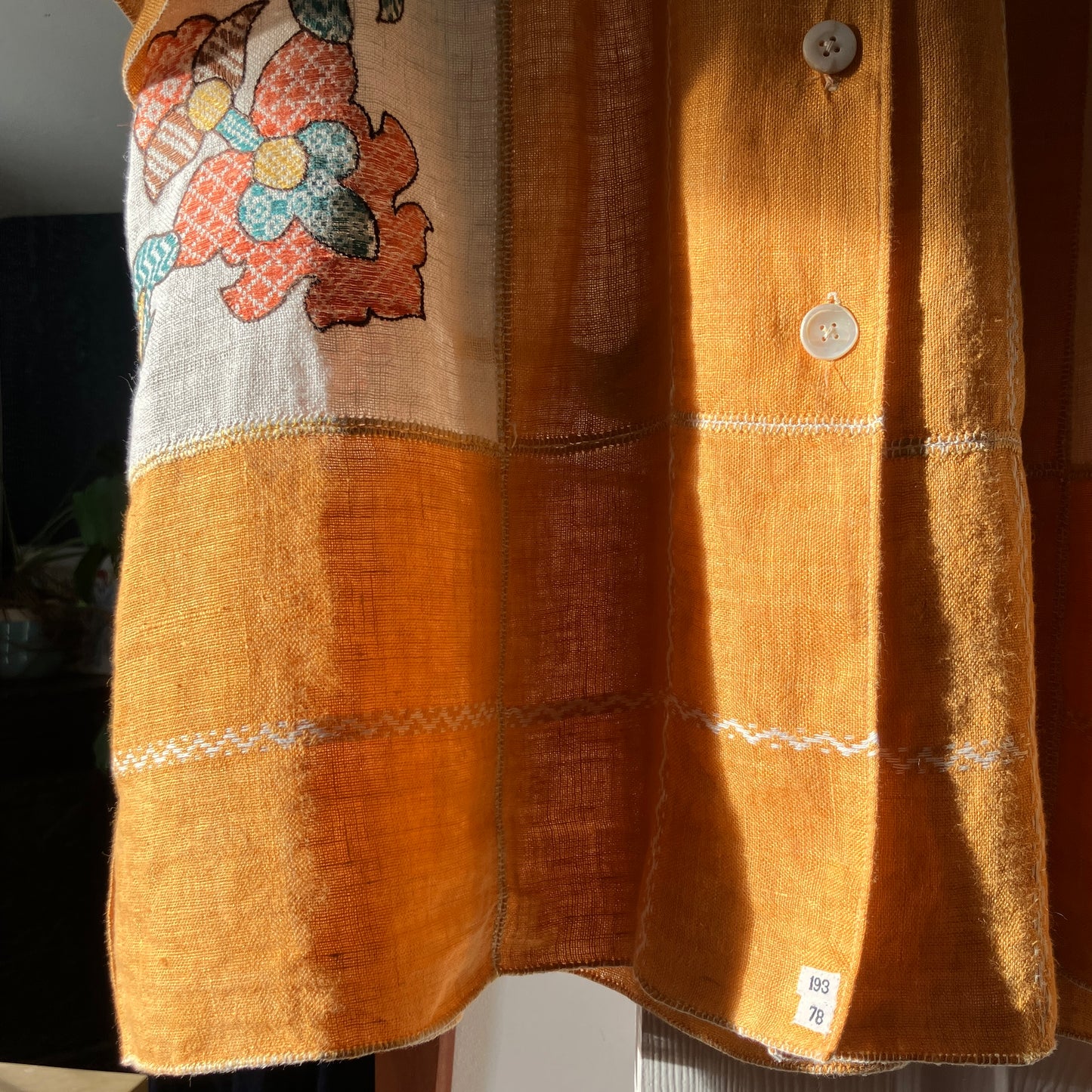 recycled linen tablecloth shirt in golden yellow with colourful embroidery