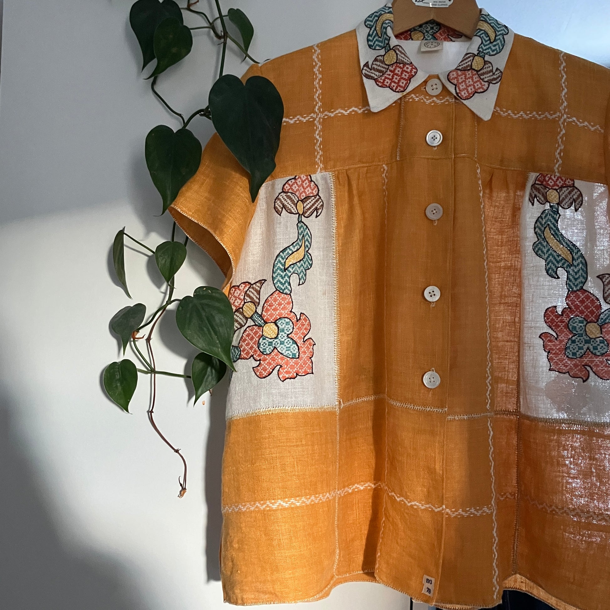 recycled linen tablecloth shirt in golden yellow with colourful embroidery