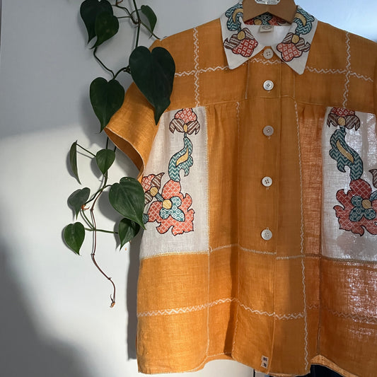 recycled linen tablecloth shirt in golden yellow with colourful embroidery