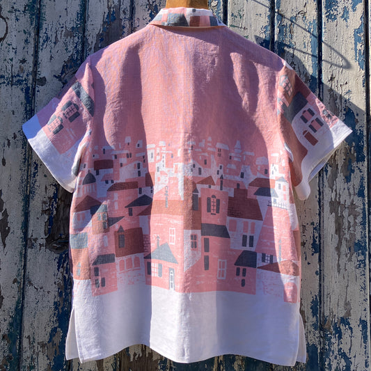 shirt made from a recycled linen tablecloth with a greek village scene