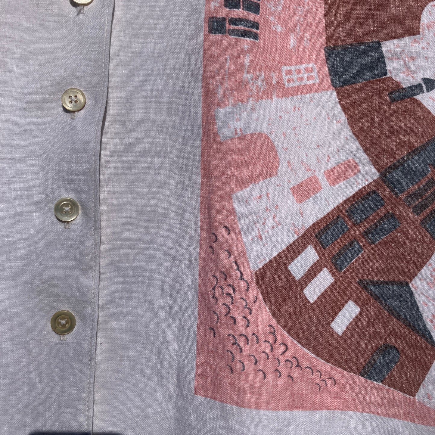 shirt made from a recycled linen tablecloth with a greek village scene