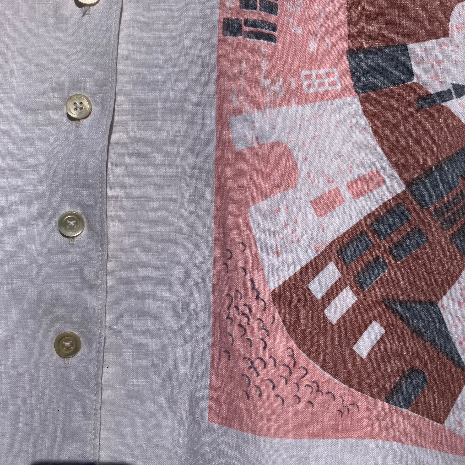 shirt made from a recycled linen tablecloth with a greek village scene