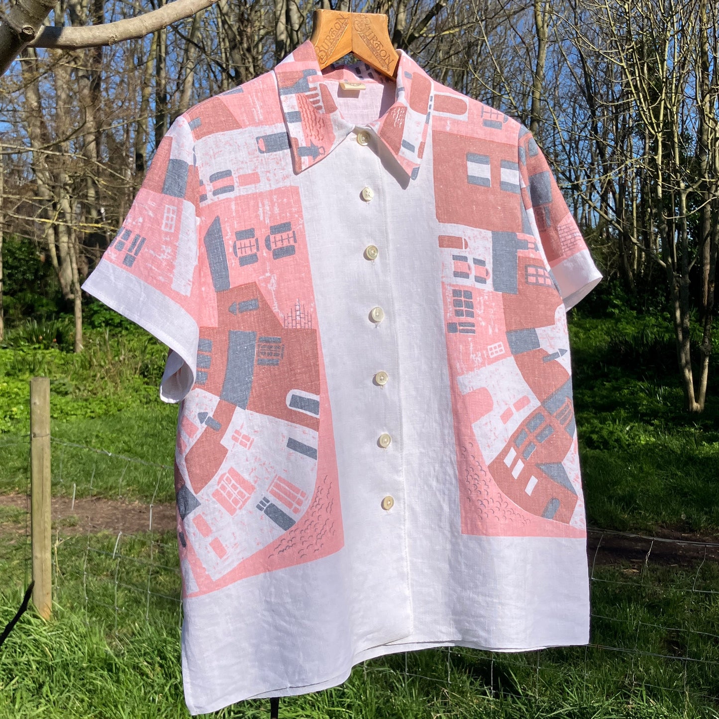 shirt made from a recycled linen tablecloth with a greek village scene