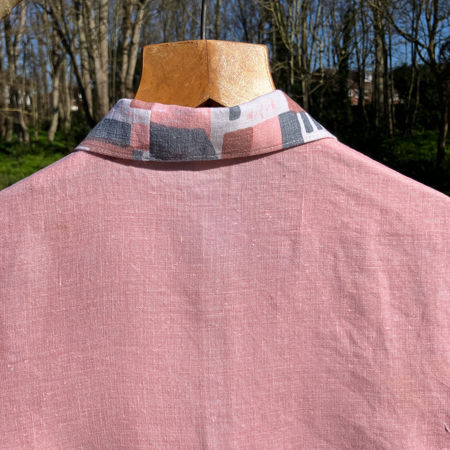shirt made from a recycled linen tablecloth with a greek village scene