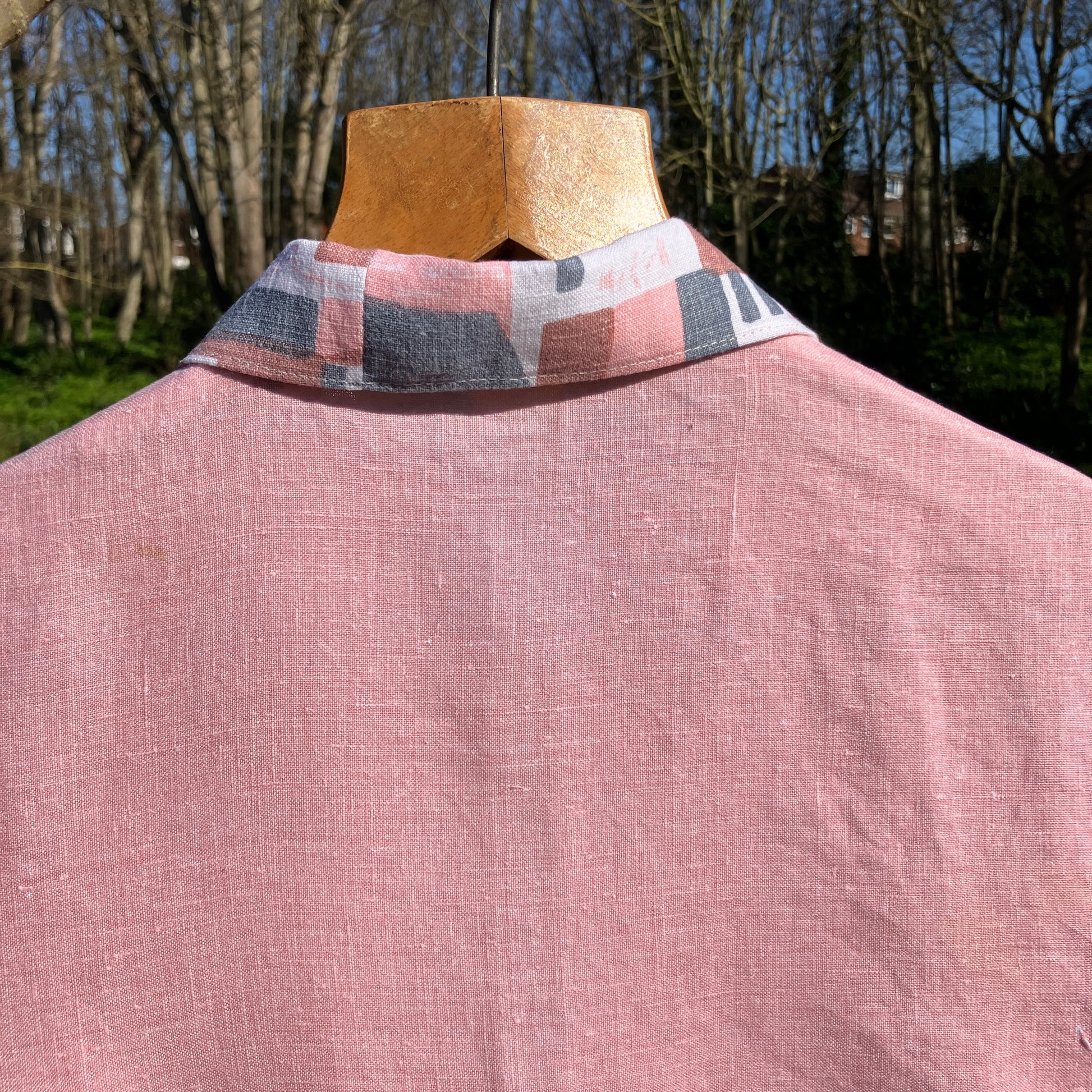 shirt made from a recycled linen tablecloth with a greek village scene