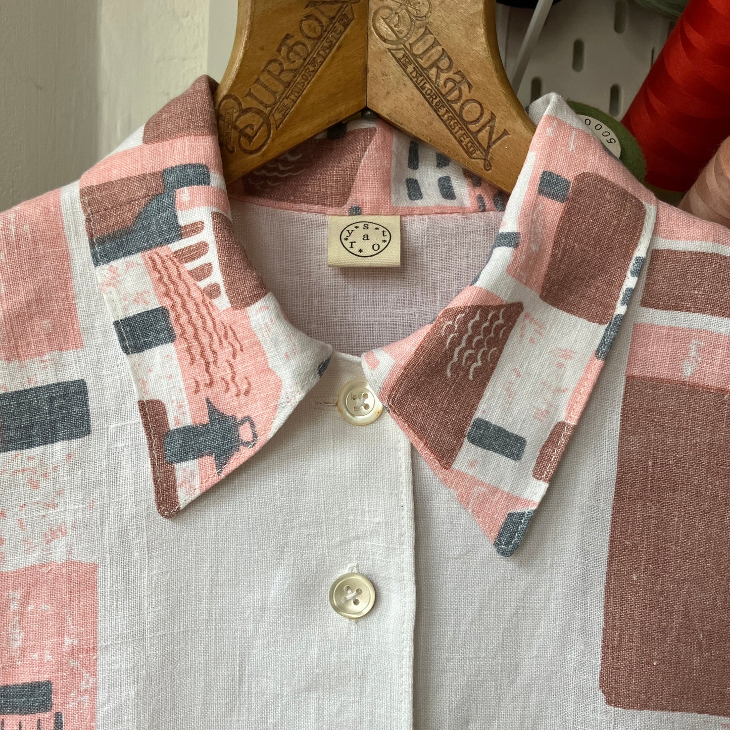 shirt made from a recycled linen tablecloth with a greek village scene