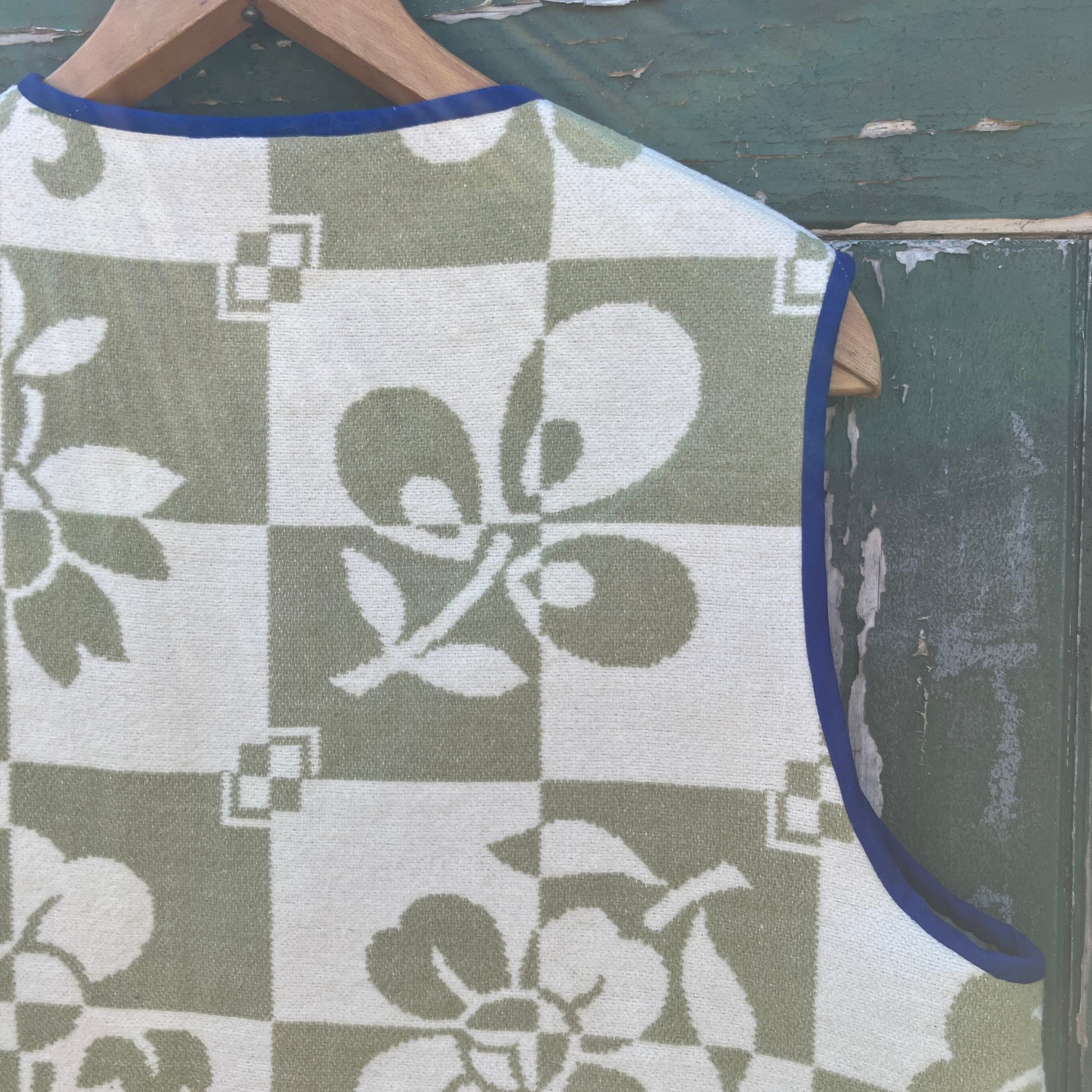 Reclaimed blanket vest in green and white checks and leaves pattern