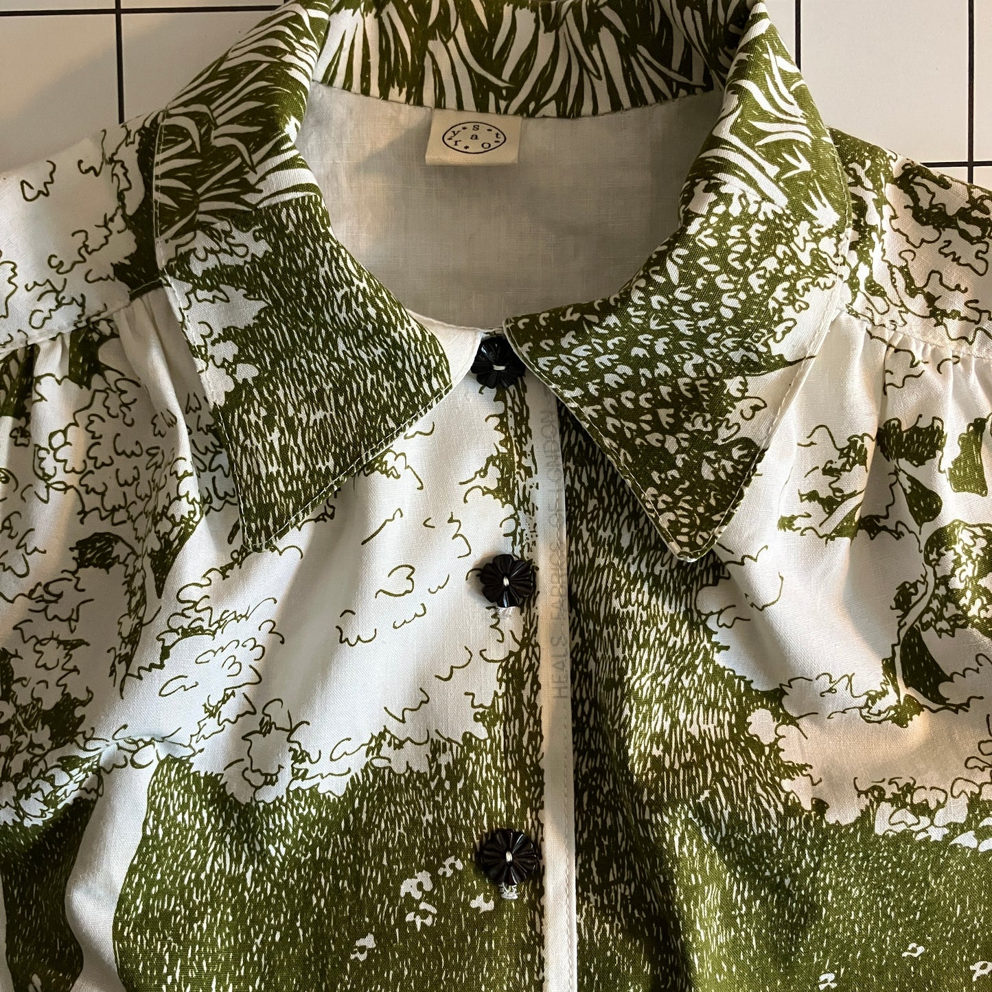 Shirt made from vintage Heals A Country Walk fabric in green and white