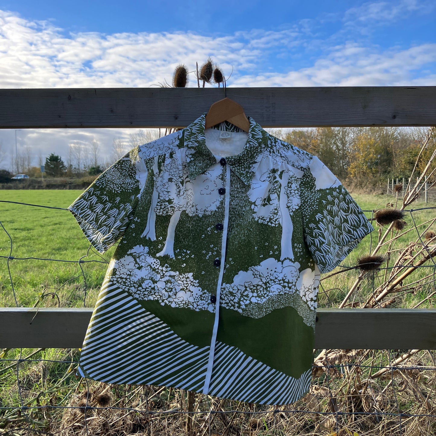 Shirt made from vintage Heals A Country Walk fabric in green and white
