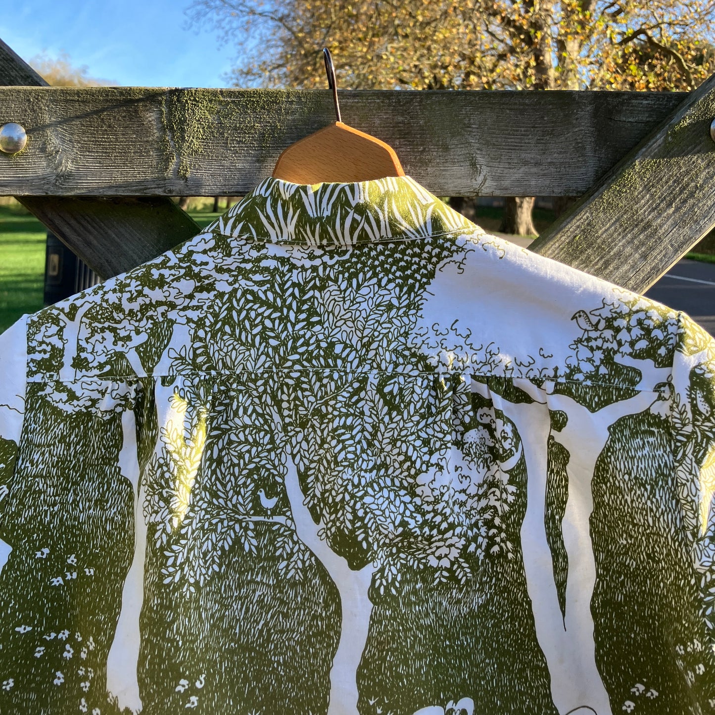 Shirt made from vintage Heals A Country Walk fabric in green and white