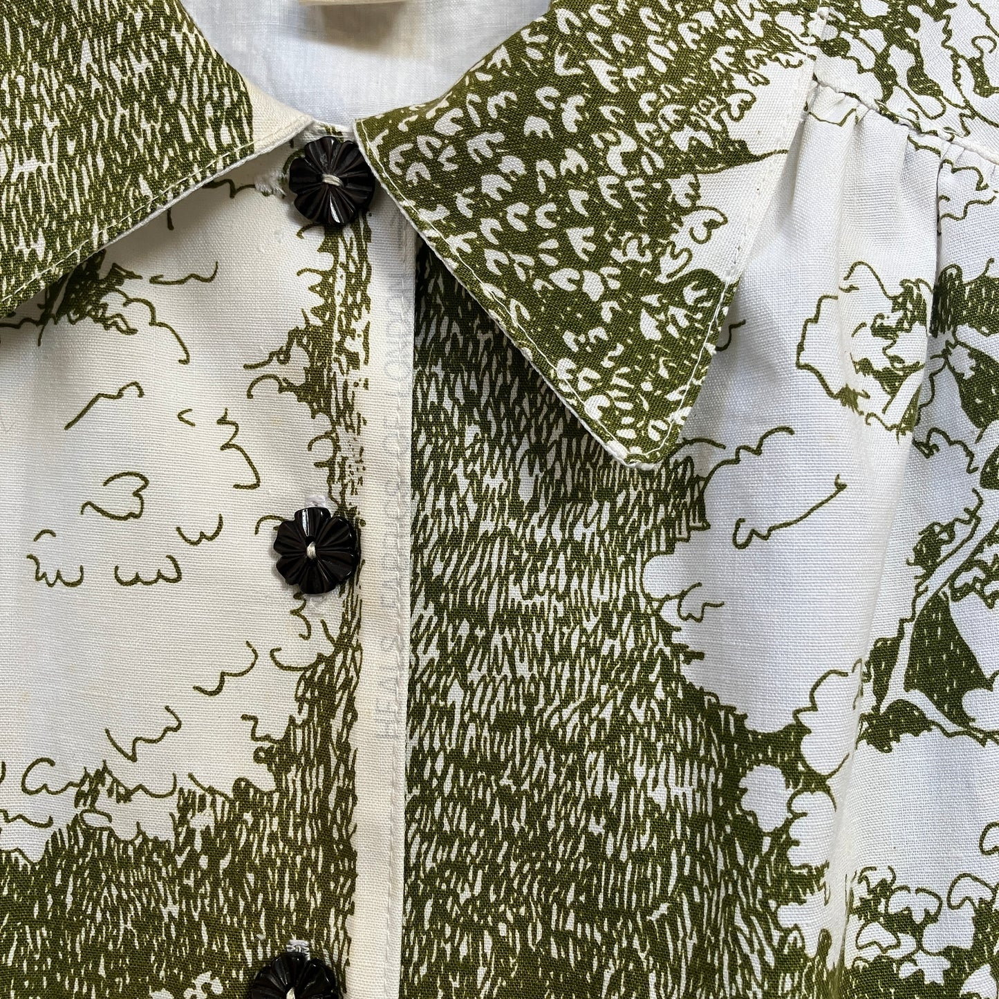 Shirt made from vintage Heals A Country Walk fabric in green and white