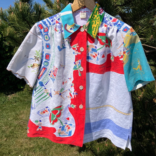 Holiday shirt made from an upcycled beach scenes linen tablecloth
