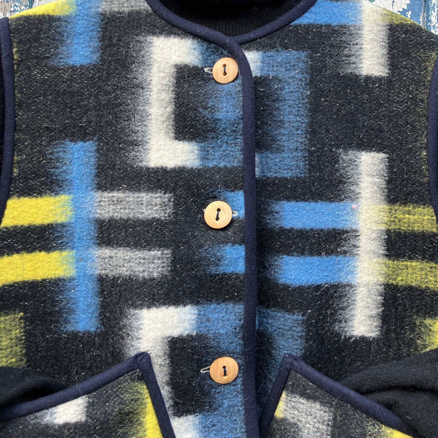 cosy vest made from a geometric vintage wool recycled blanket