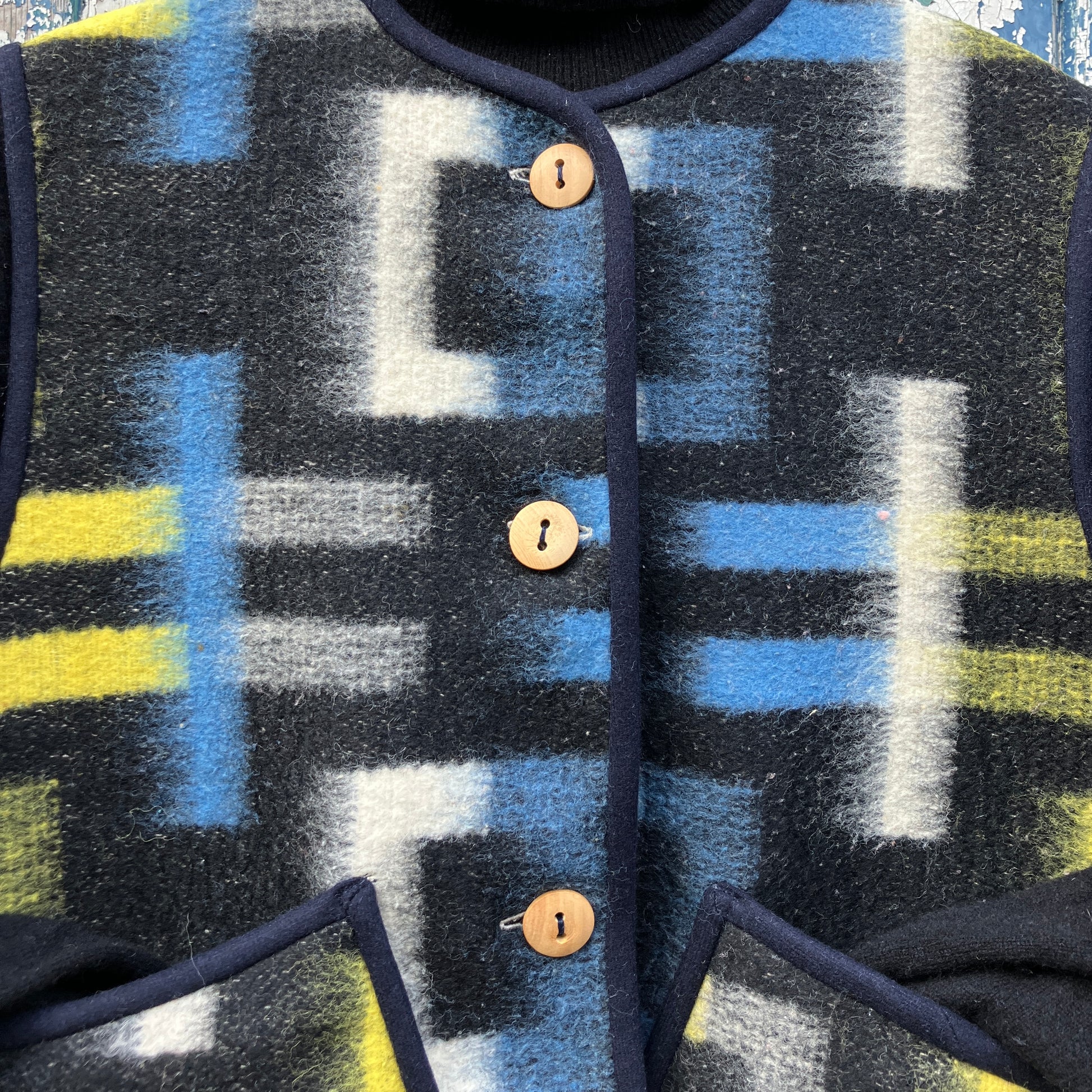 cosy vest made from a geometric vintage wool recycled blanket