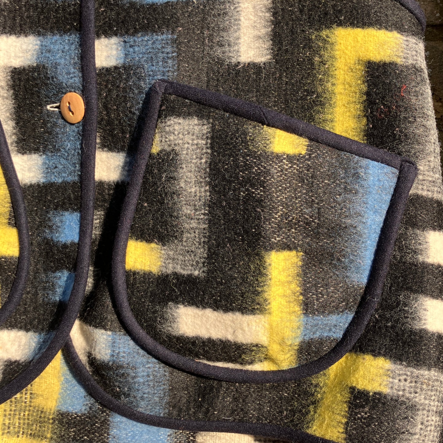 cosy vest made from a geometric vintage wool recycled blanket