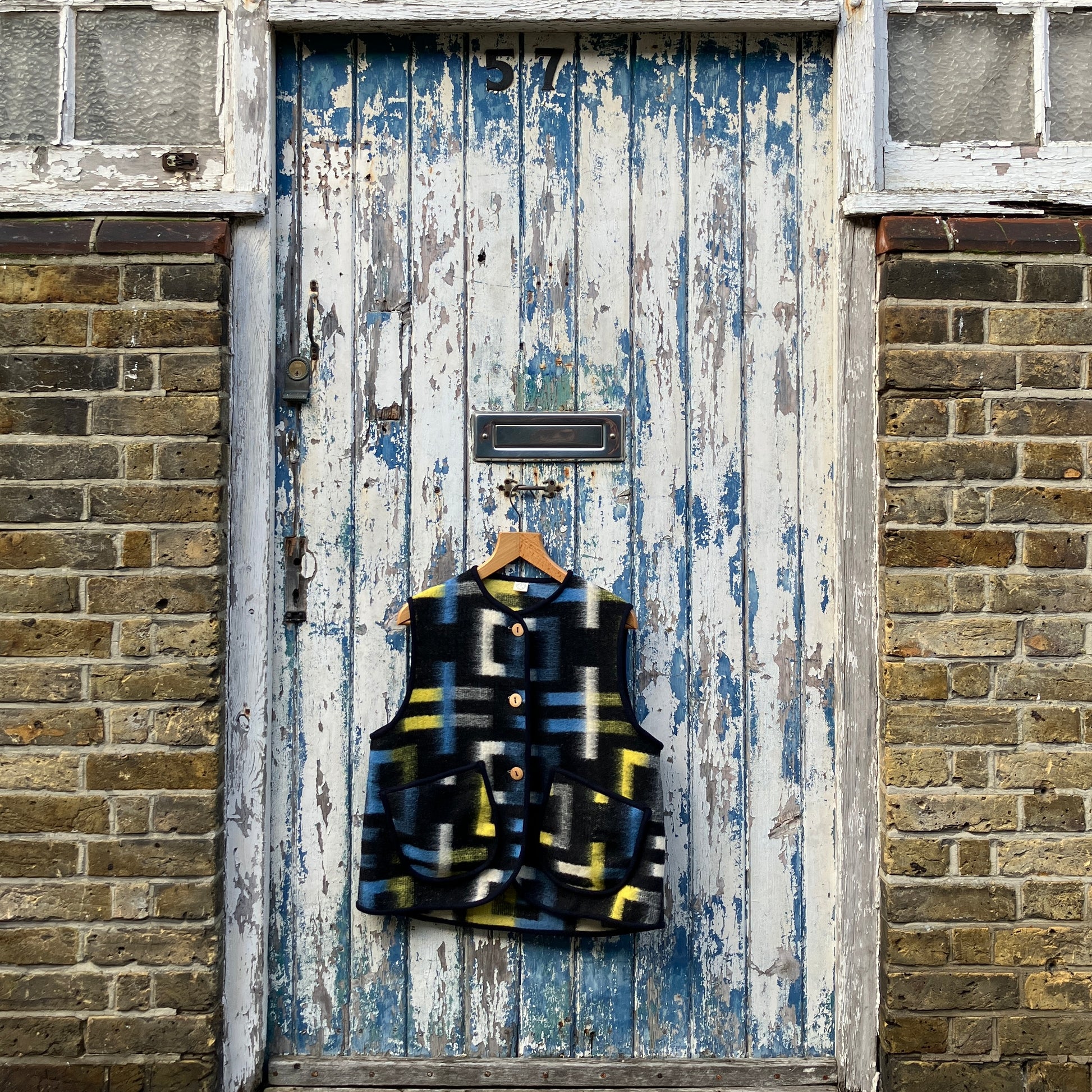 cosy vest made from a geometric vintage wool recycled blanket