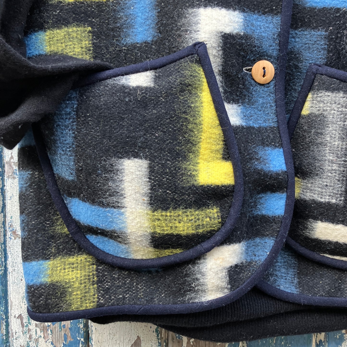 cosy vest made from a geometric vintage wool recycled blanket