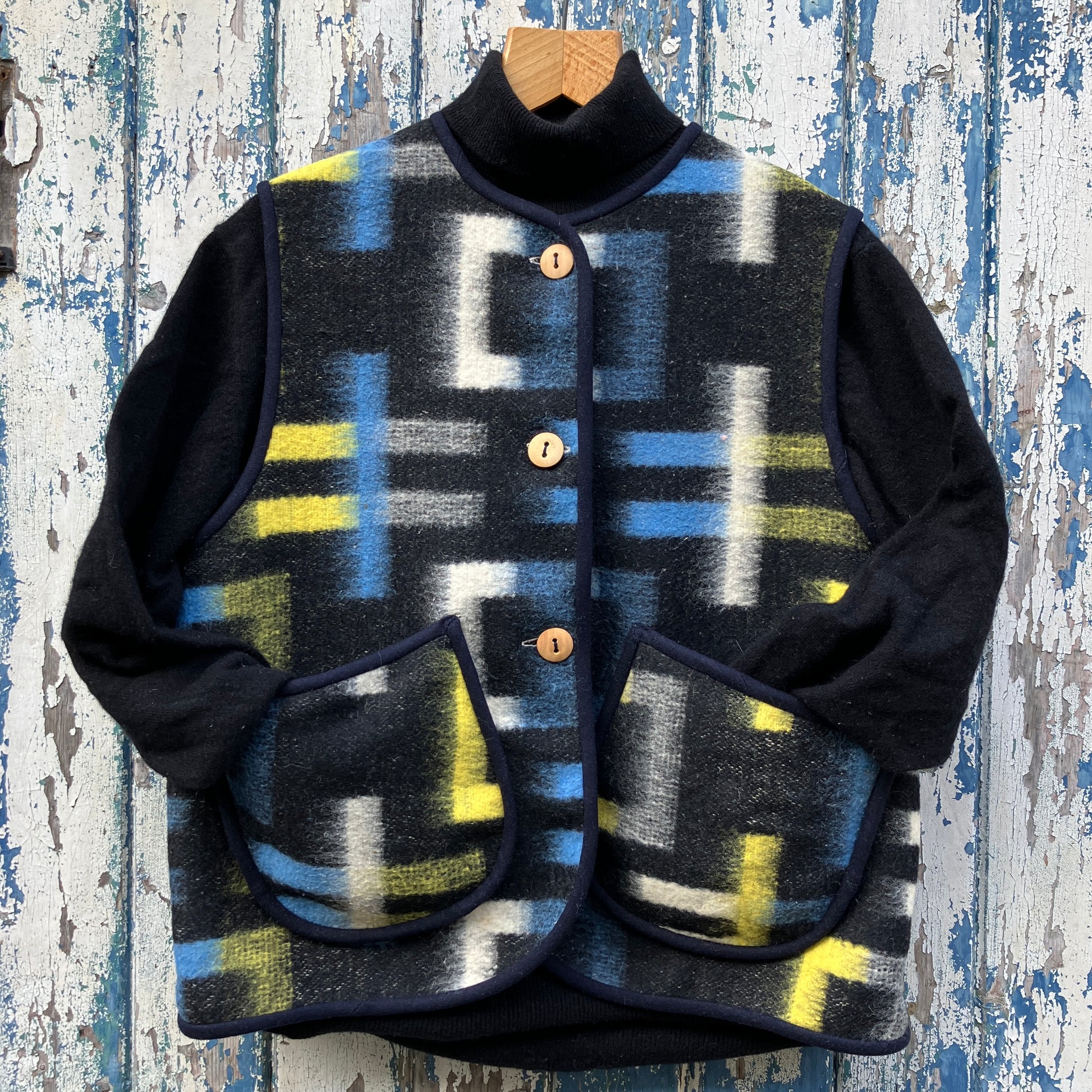 cosy vest made from a geometric vintage wool recycled blanket