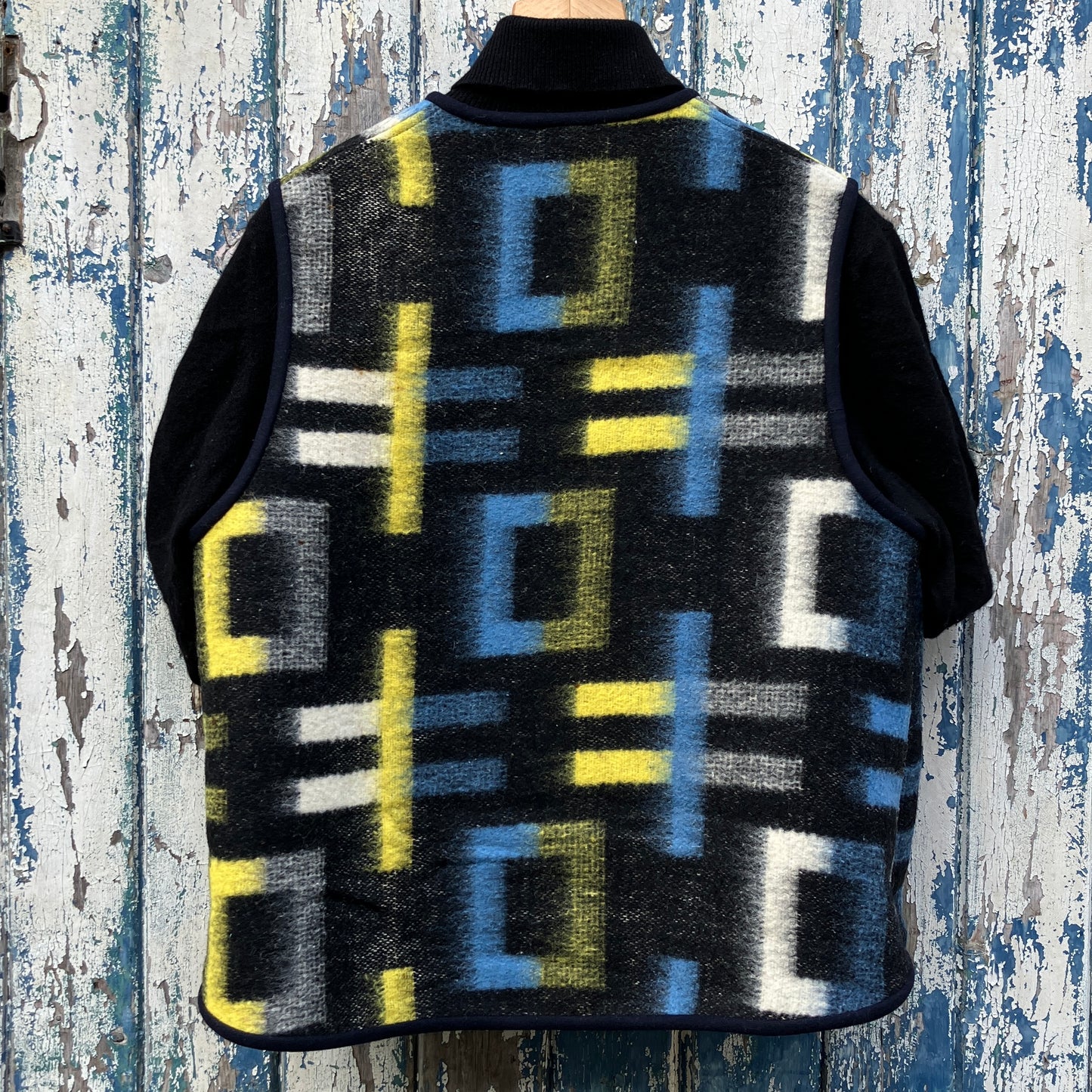 cosy vest made from a geometric vintage wool recycled blanket