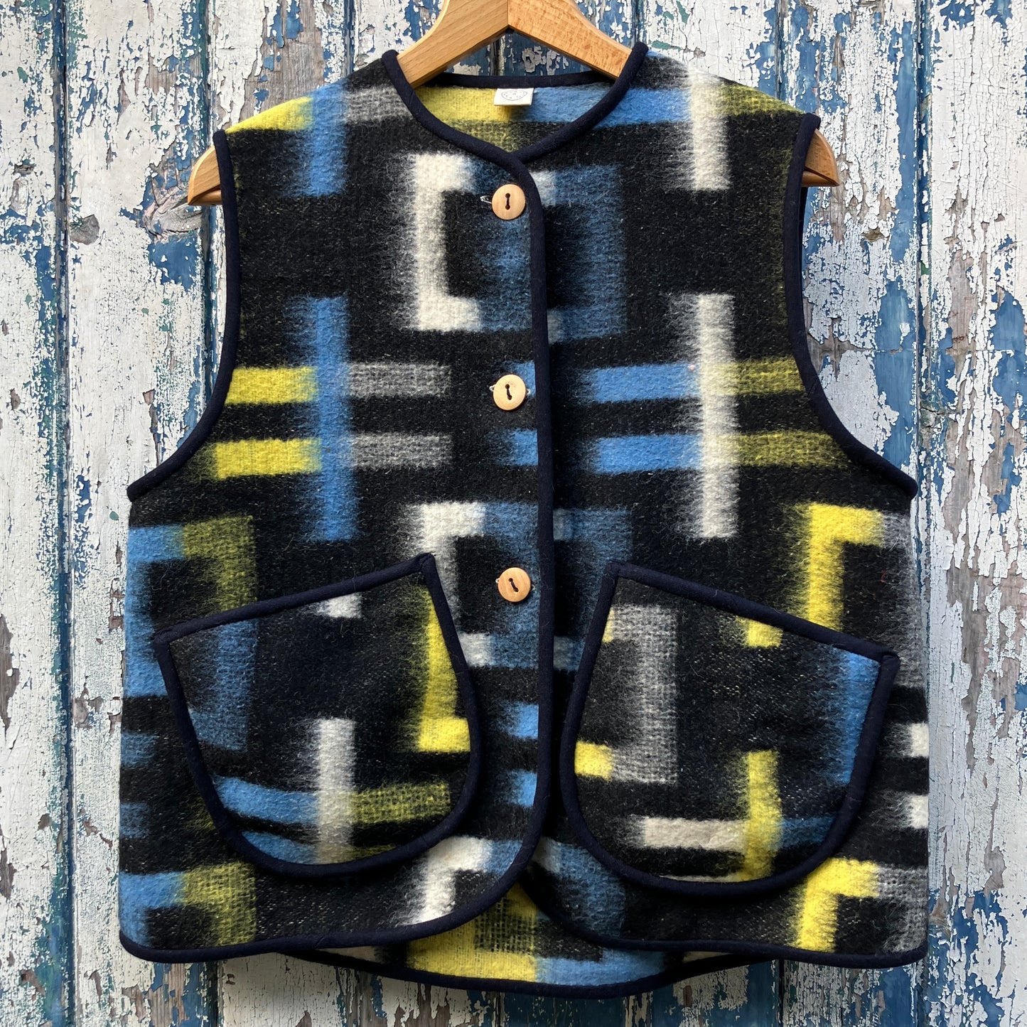 cosy vest made from a geometric vintage wool recycled blanket