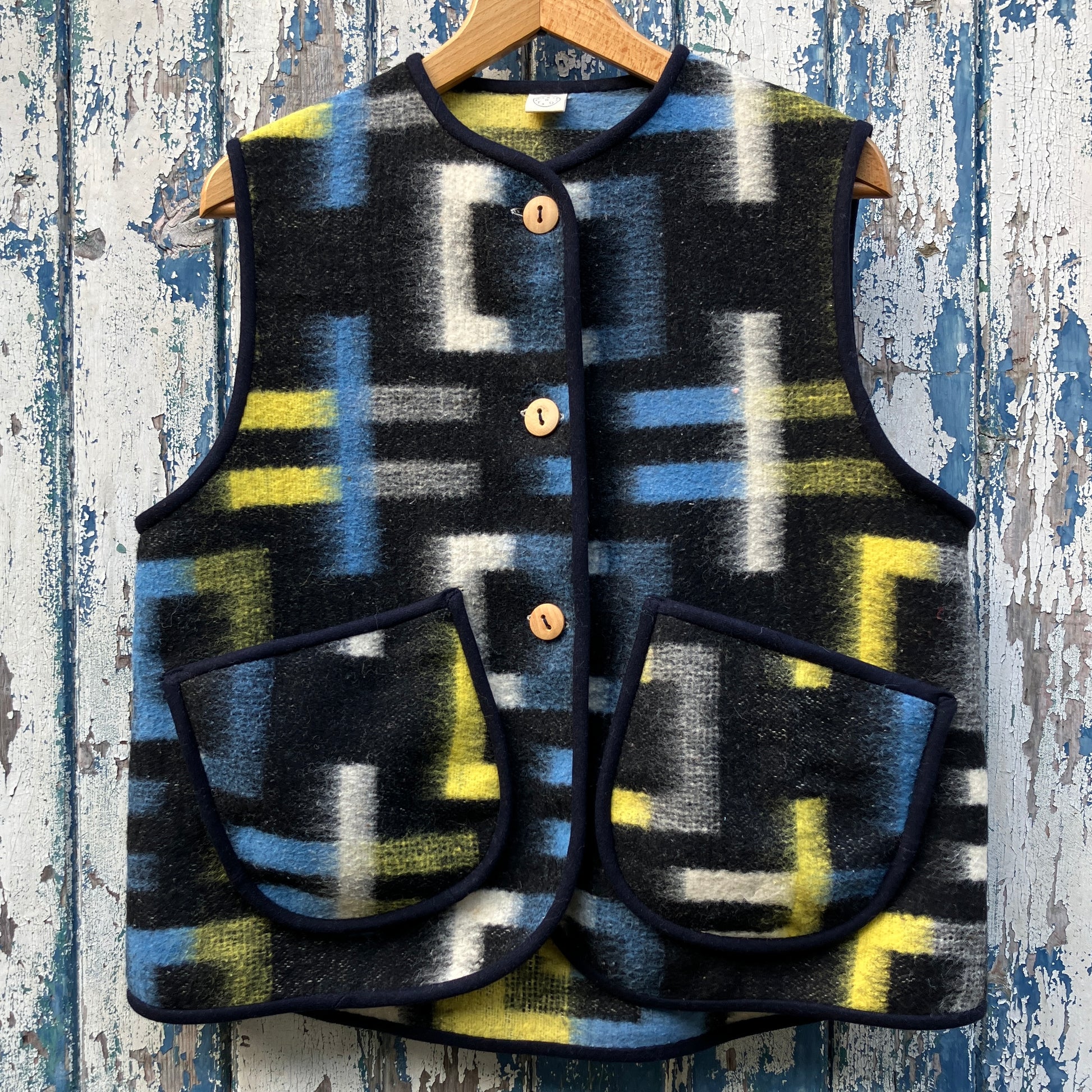 cosy vest made from a geometric vintage wool recycled blanket
