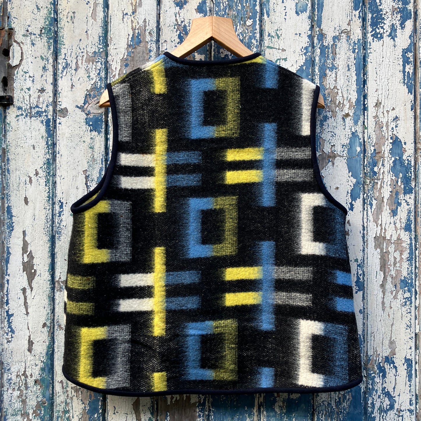 cosy vest made from a geometric vintage wool recycled blanket