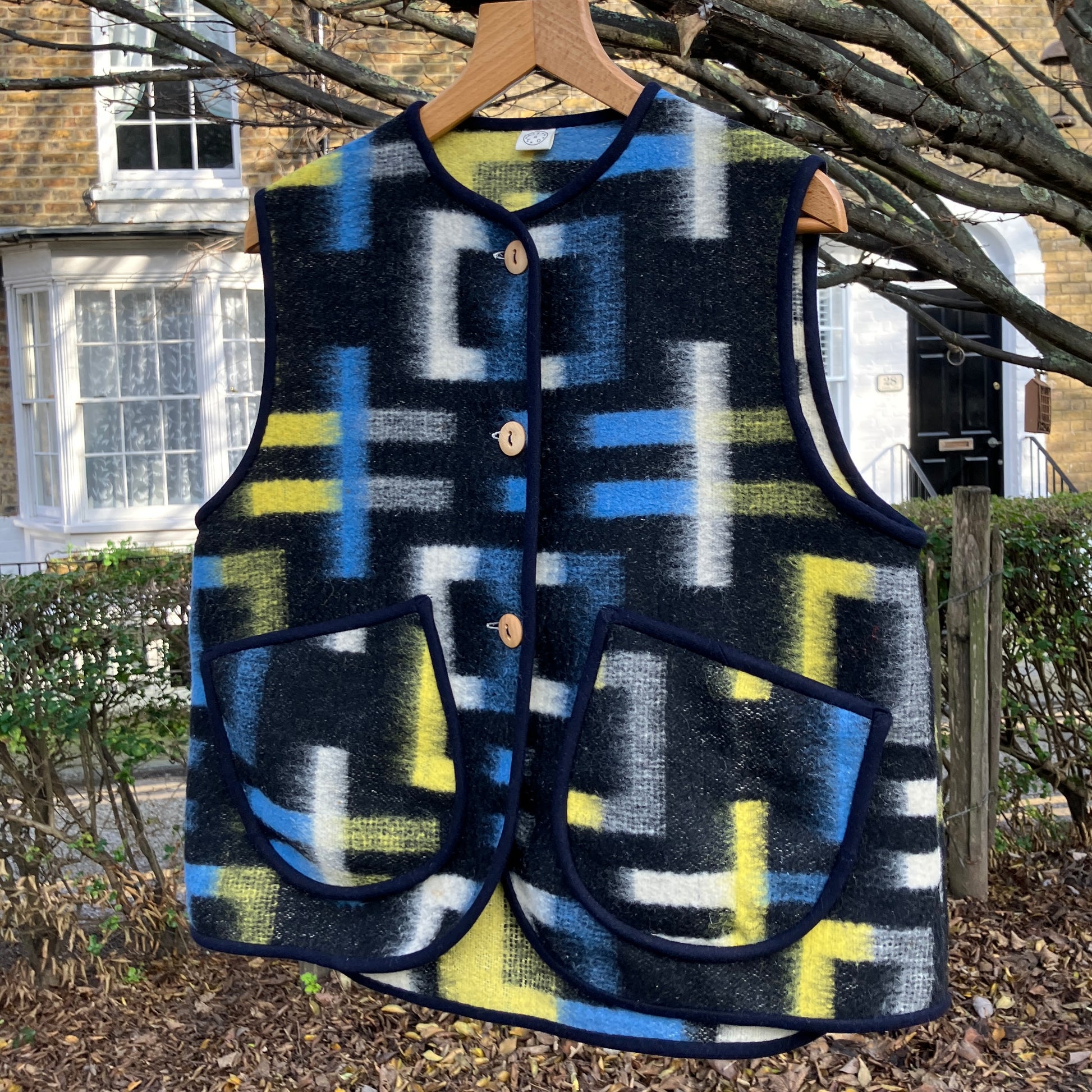 cosy vest made from a geometric vintage wool recycled blanket