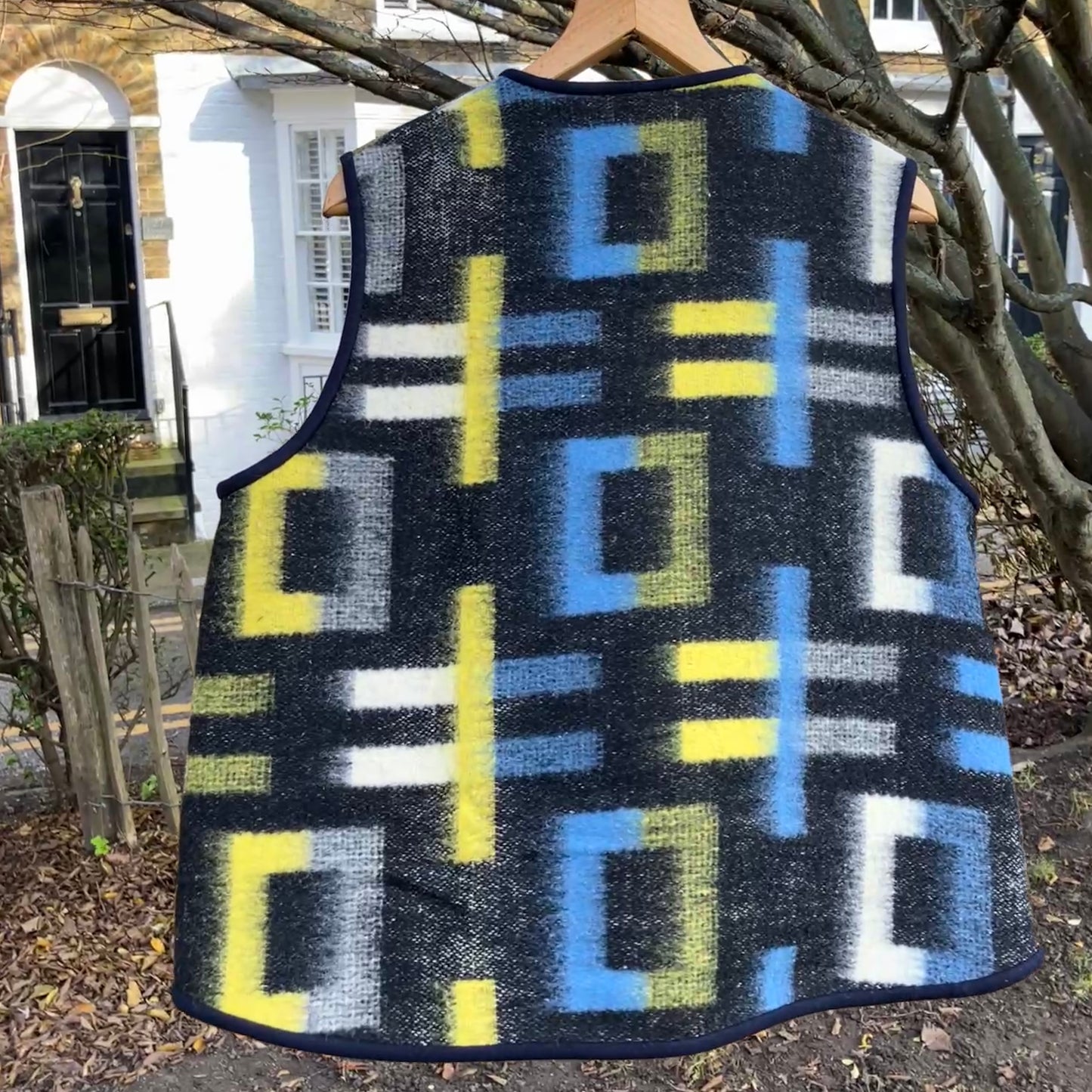 cosy vest made from a geometric vintage wool recycled blanket