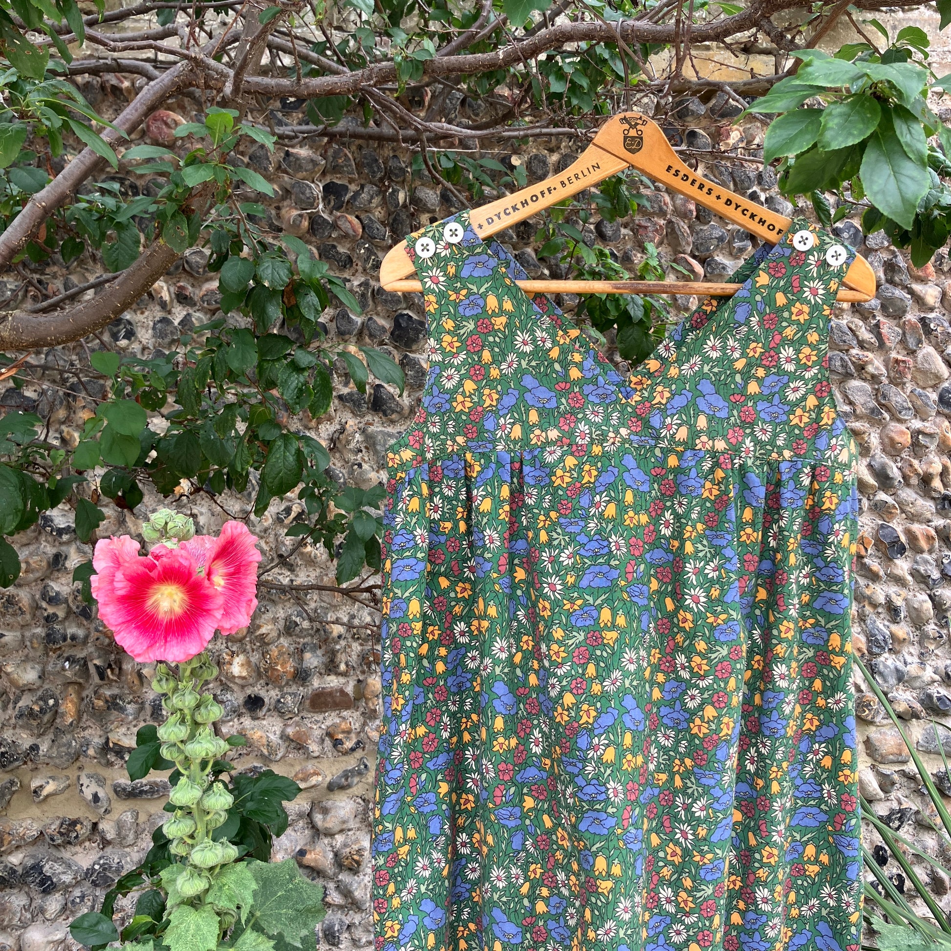 Button-shoulder, below-knee dress made from a reclaimed vintage 60s/70s Liberty Print curtain in a pretty floral print.