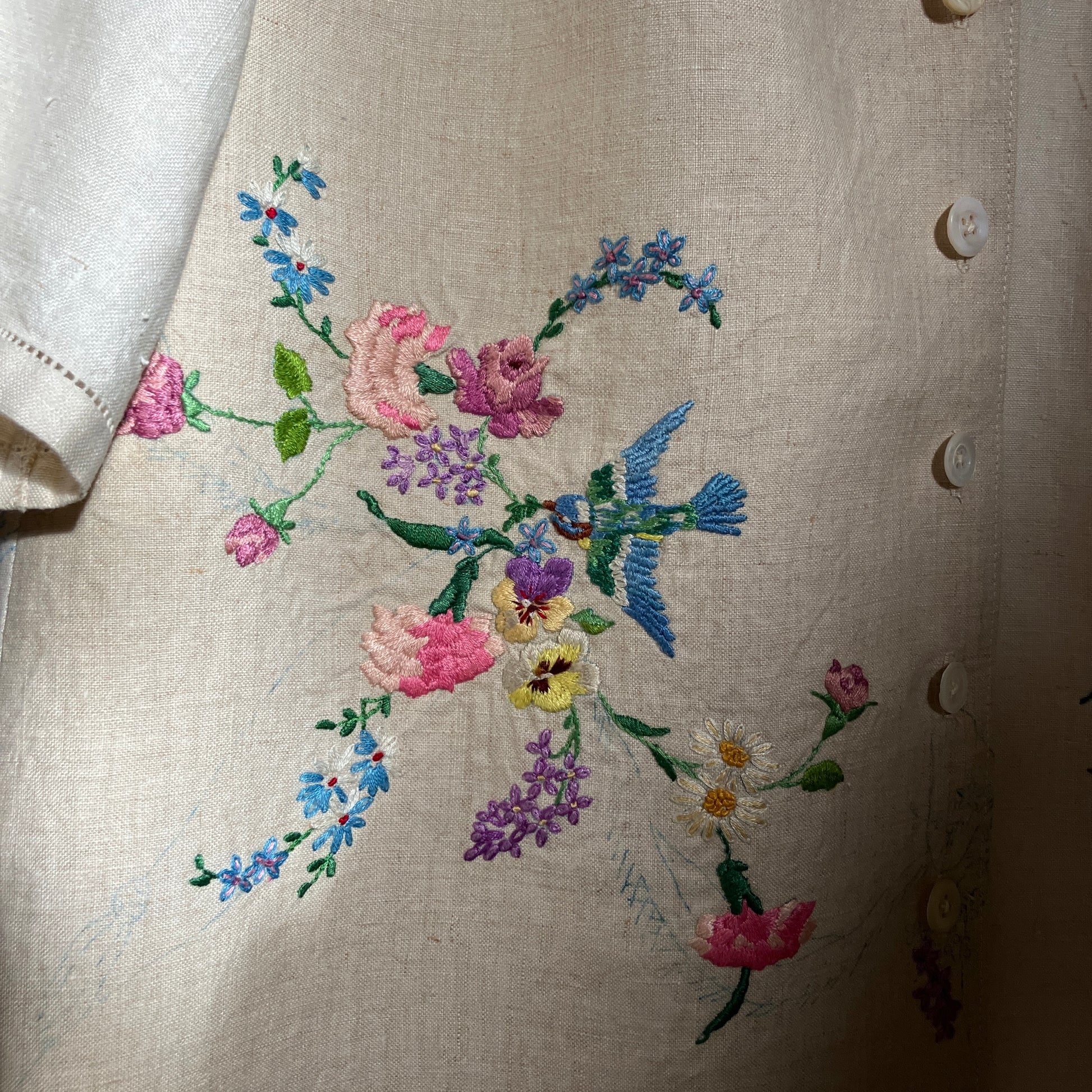shirt made from bird-themed vintage embroidered recycled tablecloths