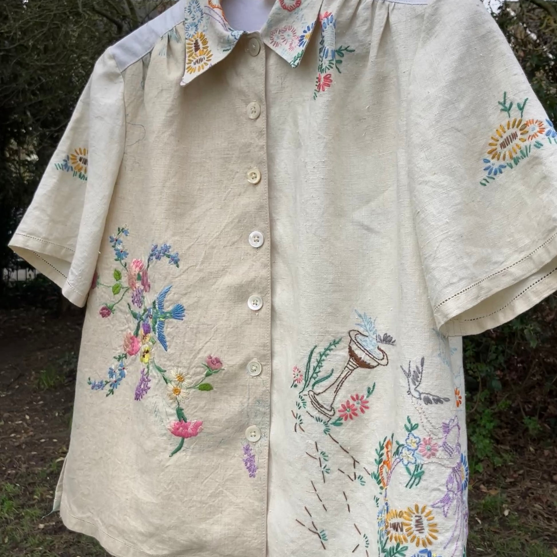 shirt made from bird-themed vintage embroidered recycled tablecloths