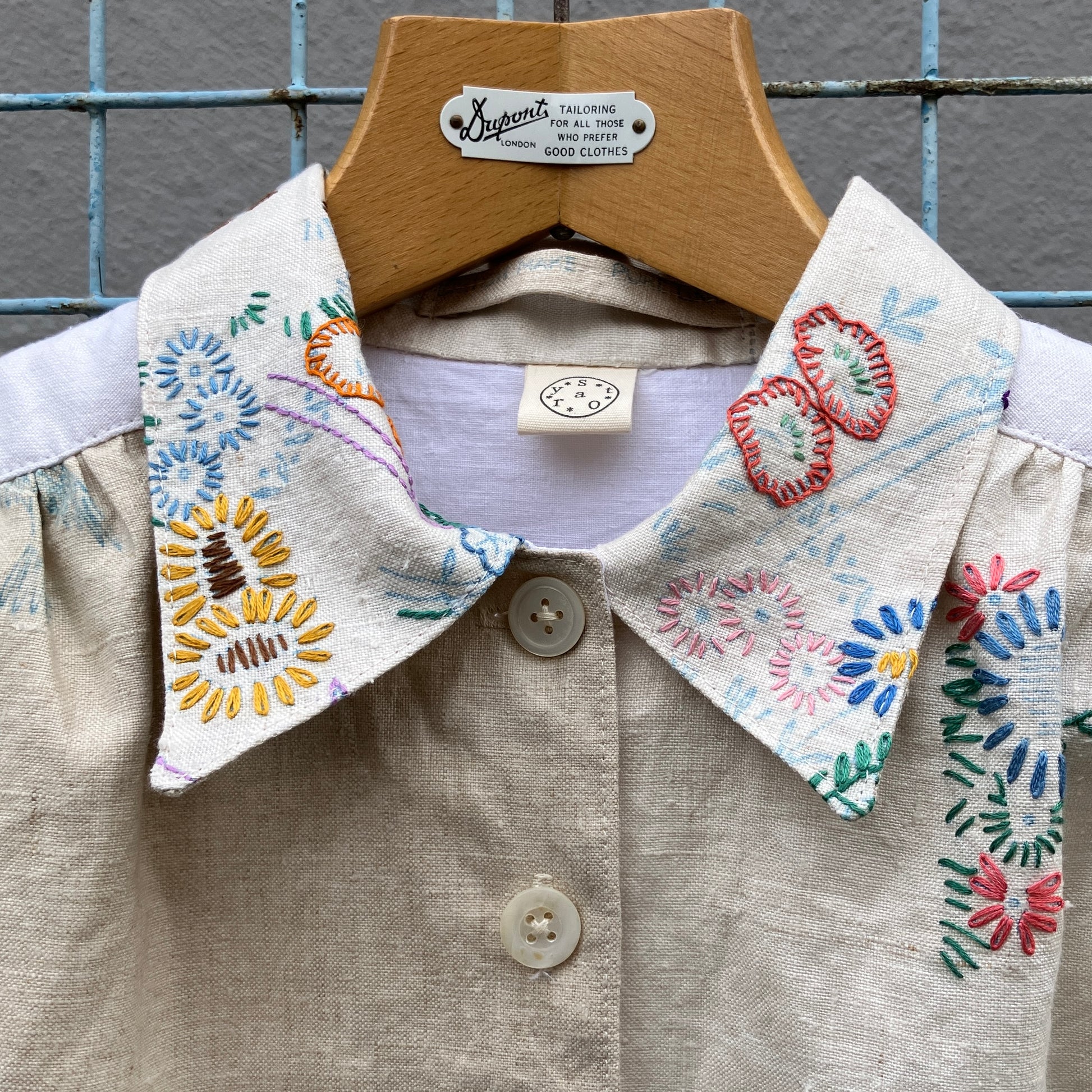 shirt made from bird-themed vintage embroidered recycled tablecloths