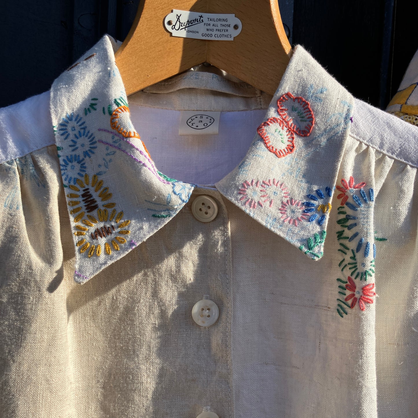 shirt made from bird-themed vintage embroidered recycled tablecloths