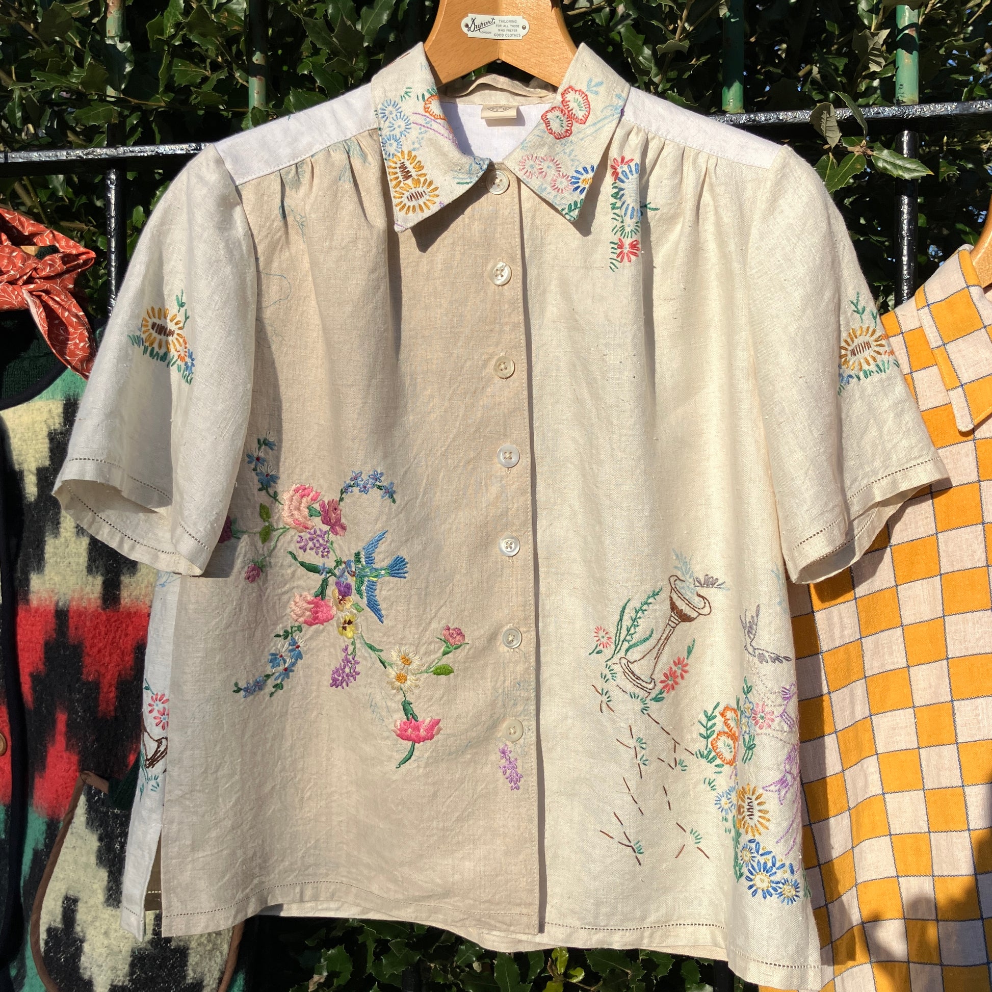 shirt made from bird-themed vintage embroidered recycled tablecloths
