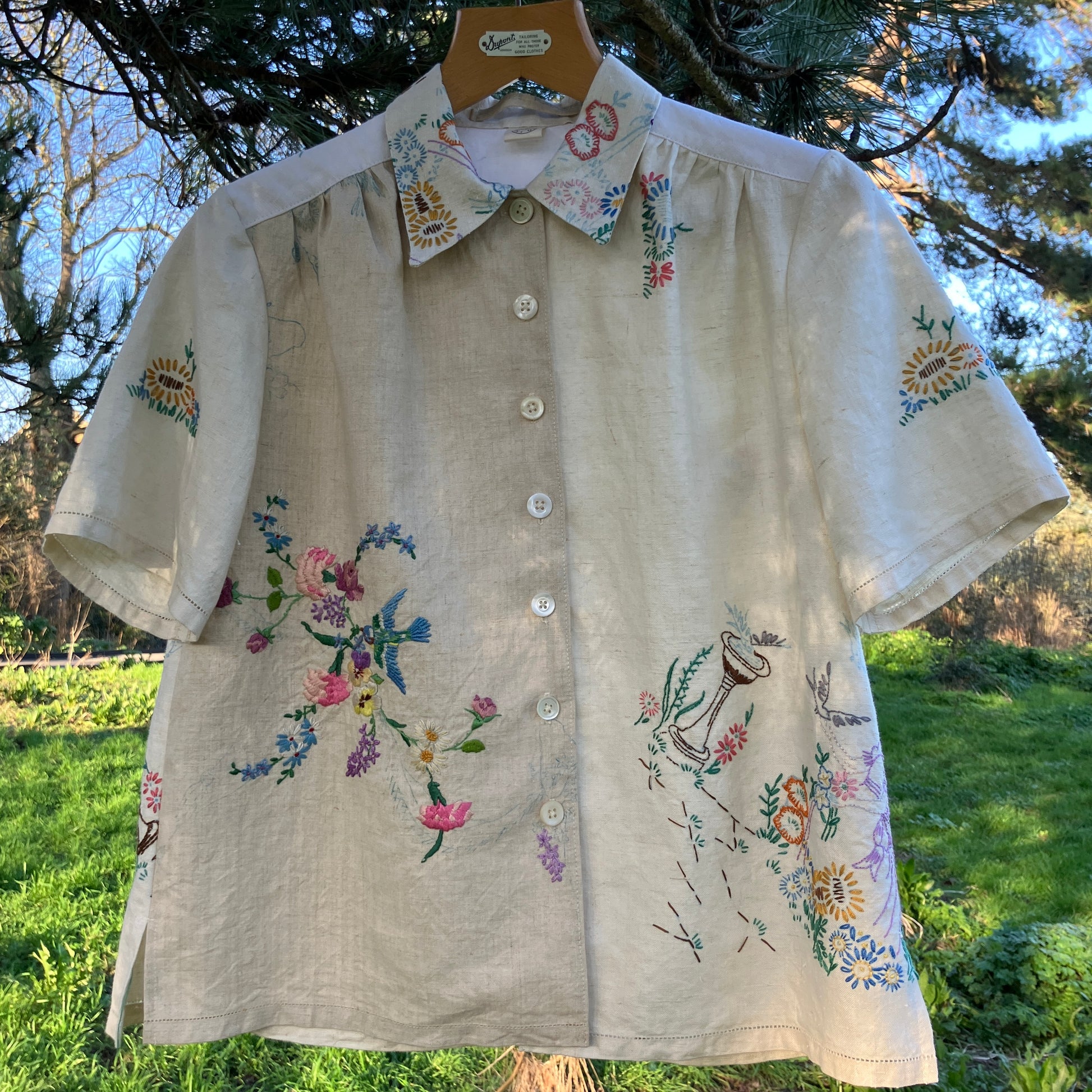 shirt made from bird-themed vintage embroidered recycled tablecloths