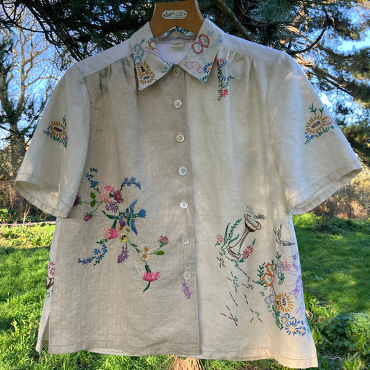 shirt made from bird-themed vintage embroidered recycled tablecloths
