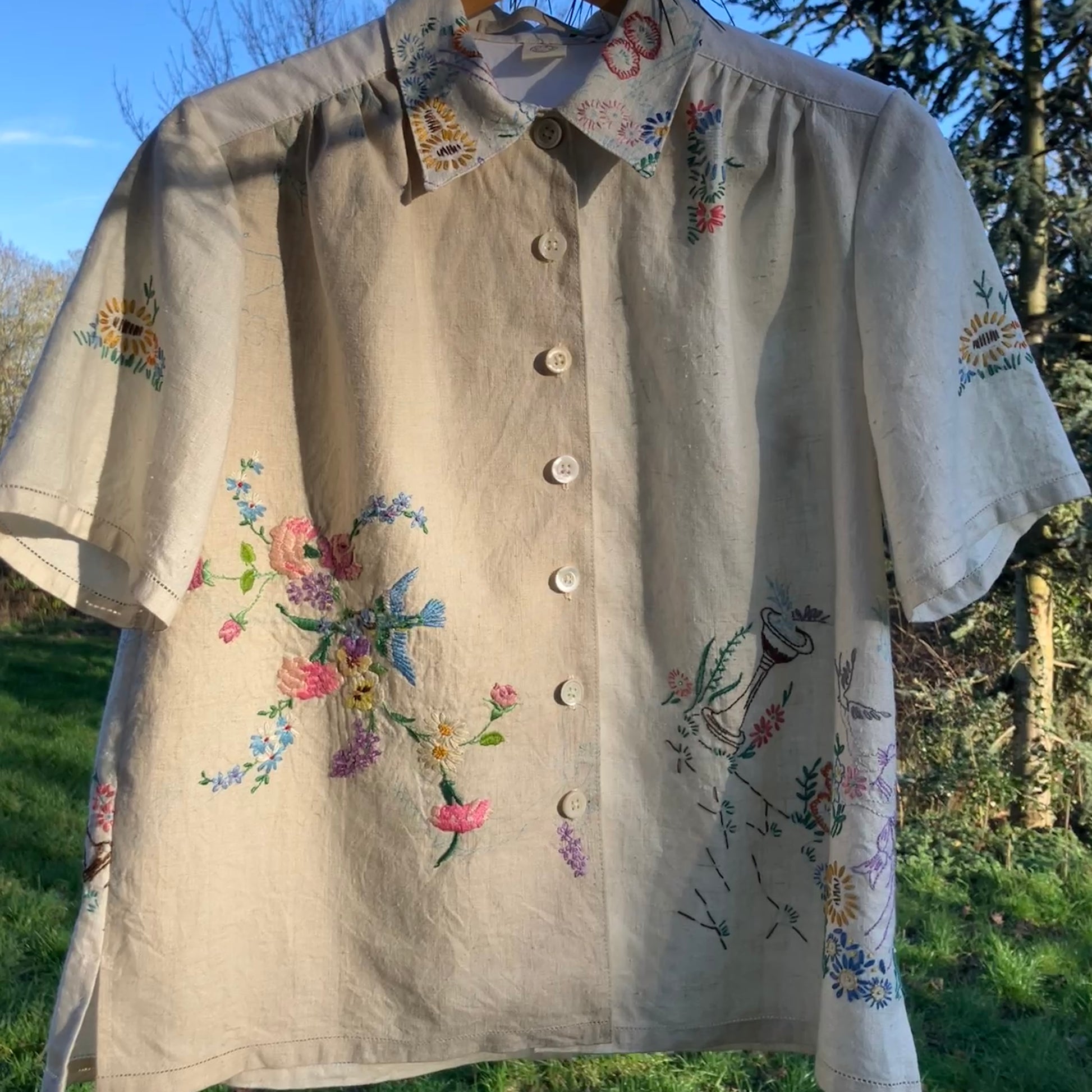 shirt made from bird-themed vintage embroidered recycled tablecloths