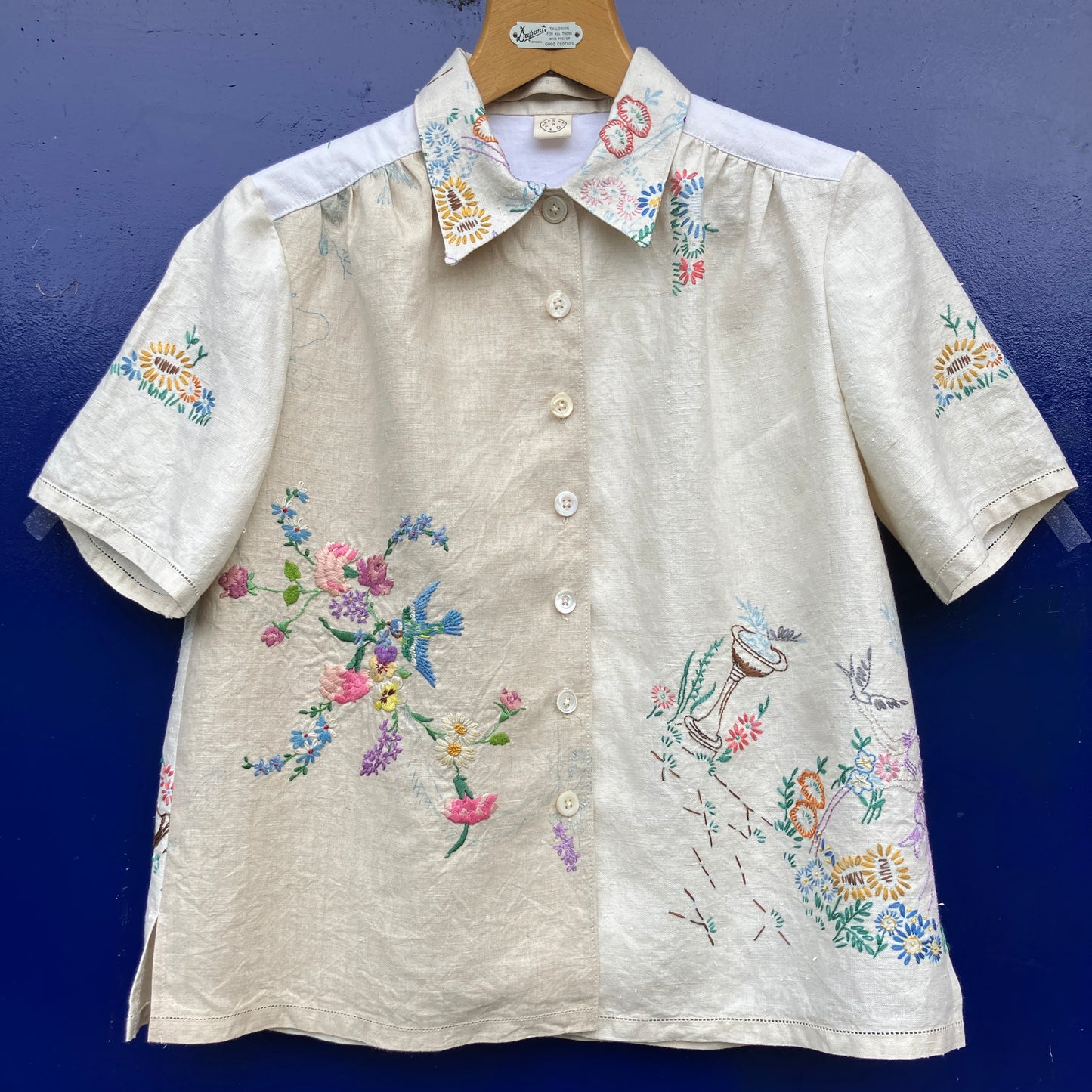 shirt made from bird-themed vintage embroidered recycled tablecloths