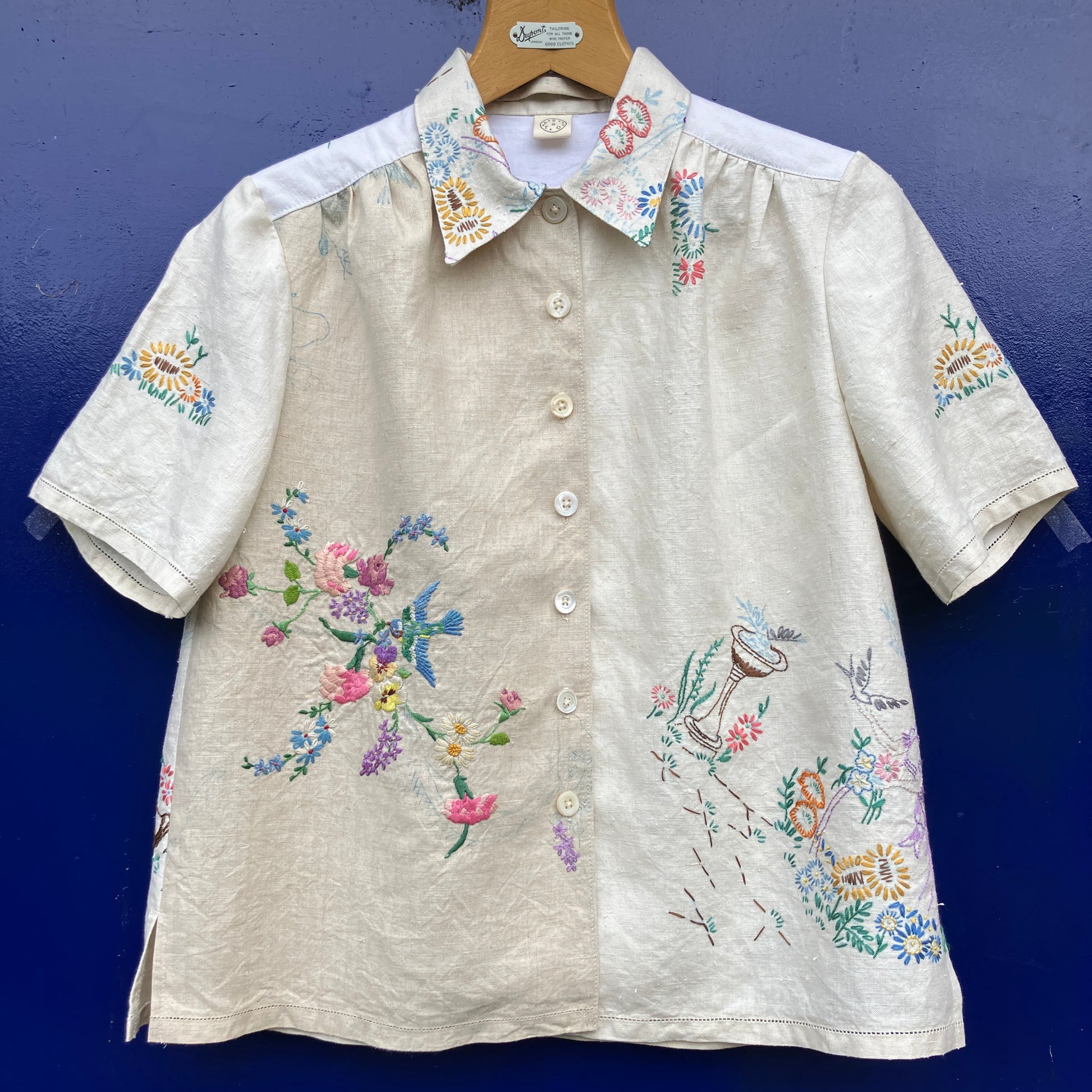 shirt made from bird-themed vintage embroidered recycled tablecloths