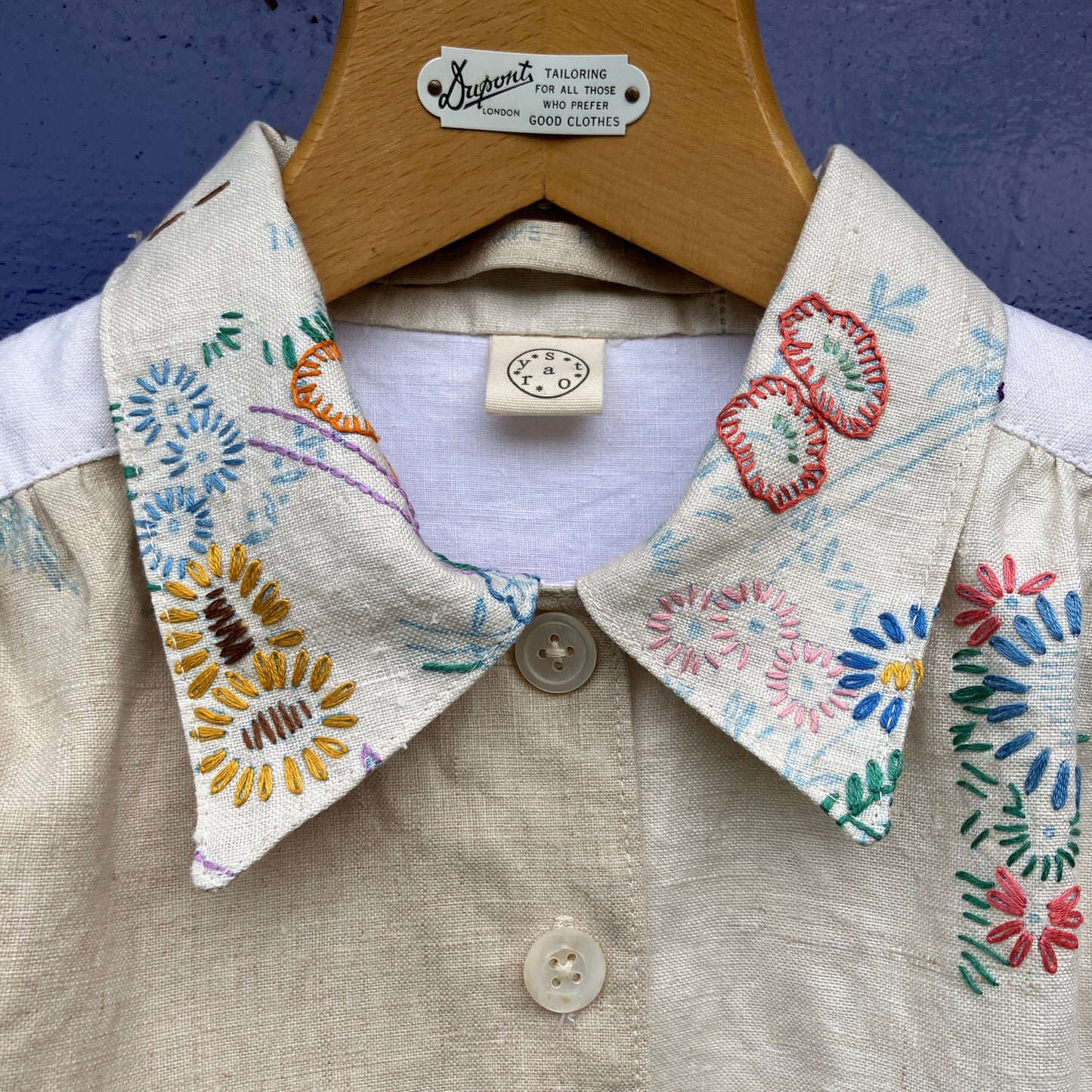 shirt made from bird-themed vintage embroidered recycled tablecloths
