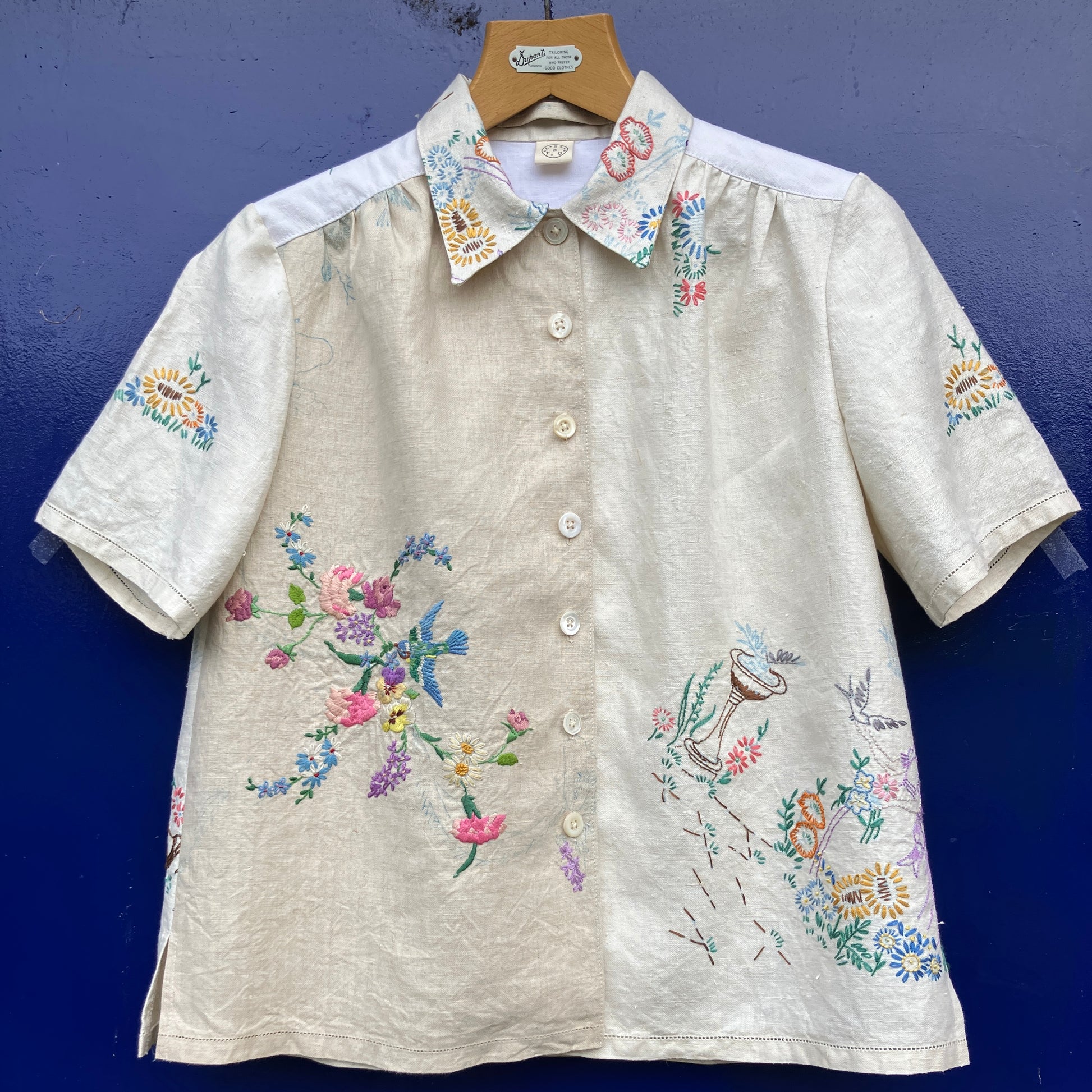 shirt made from bird-themed vintage embroidered recycled tablecloths