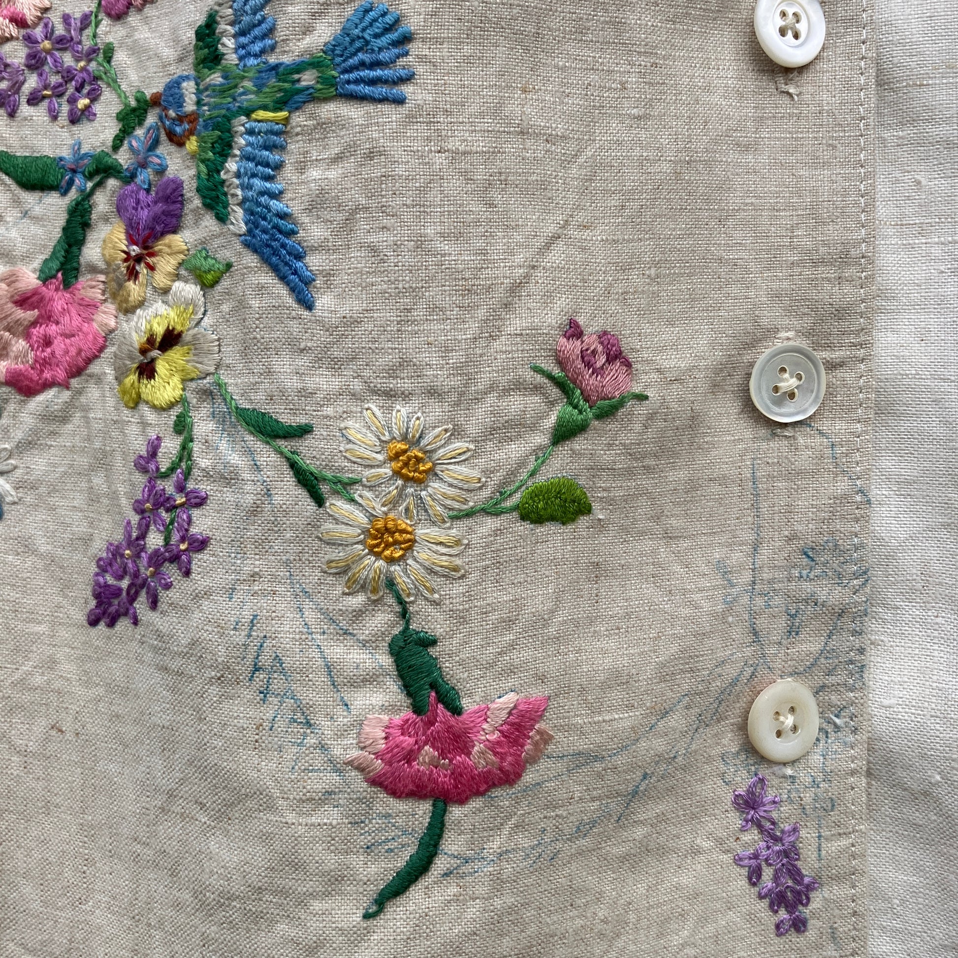 shirt made from bird-themed vintage embroidered recycled tablecloths