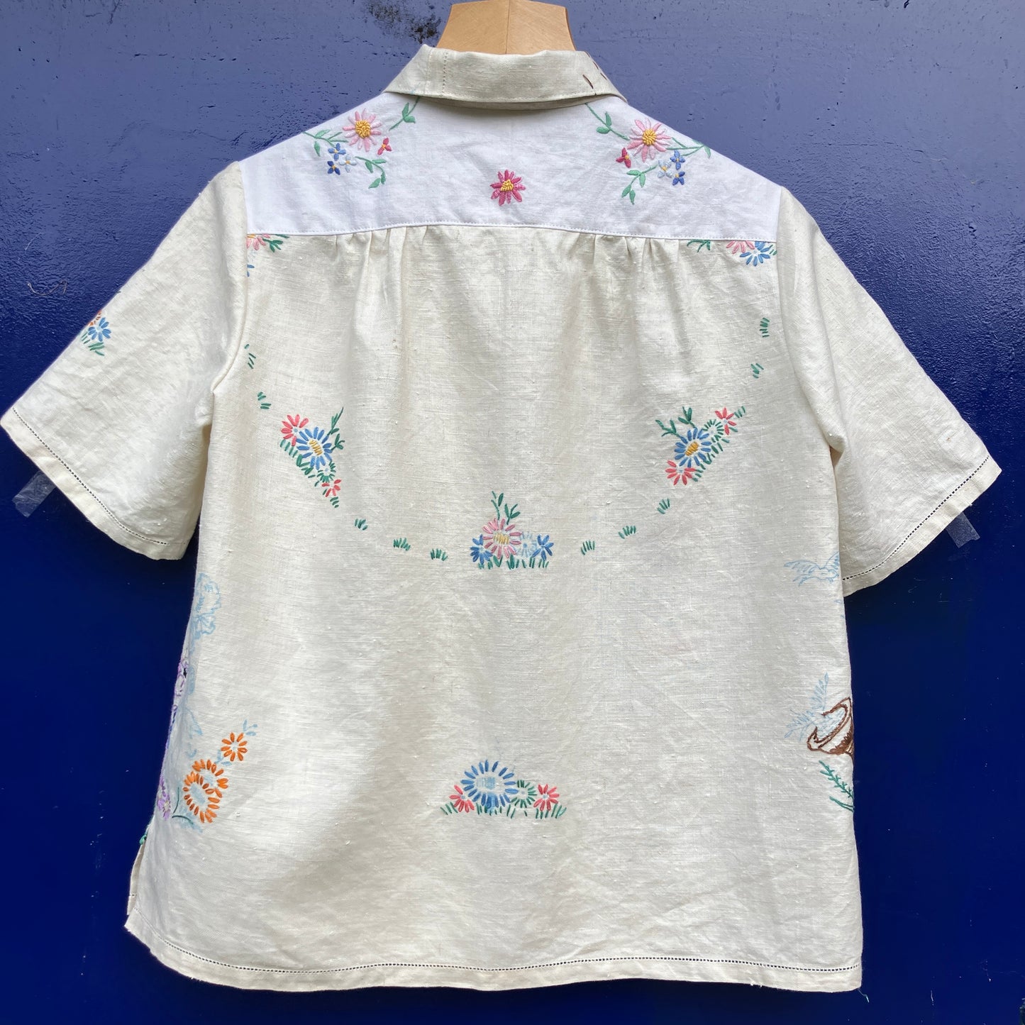 shirt made from bird-themed vintage embroidered recycled tablecloths