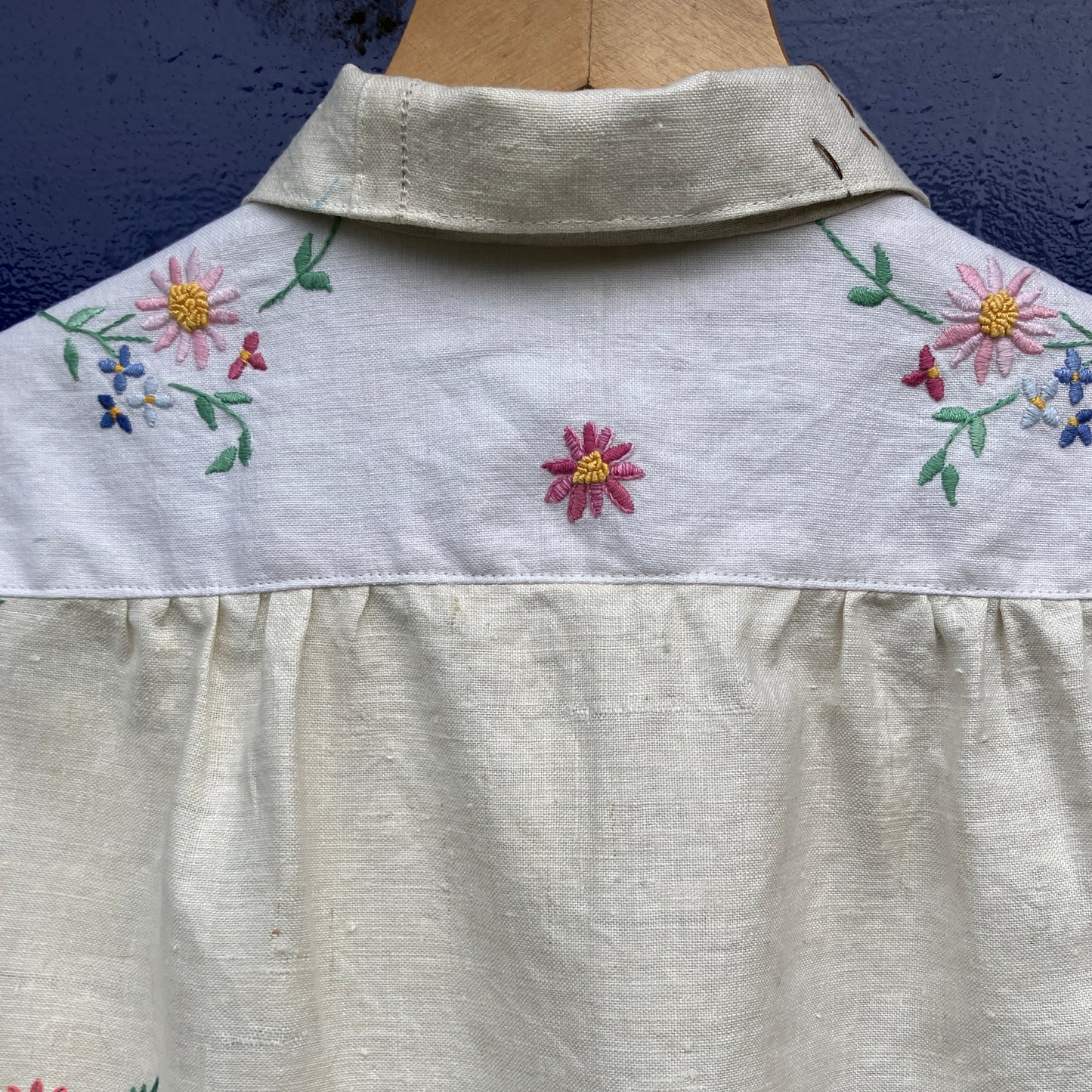 shirt made from bird-themed vintage embroidered recycled tablecloths